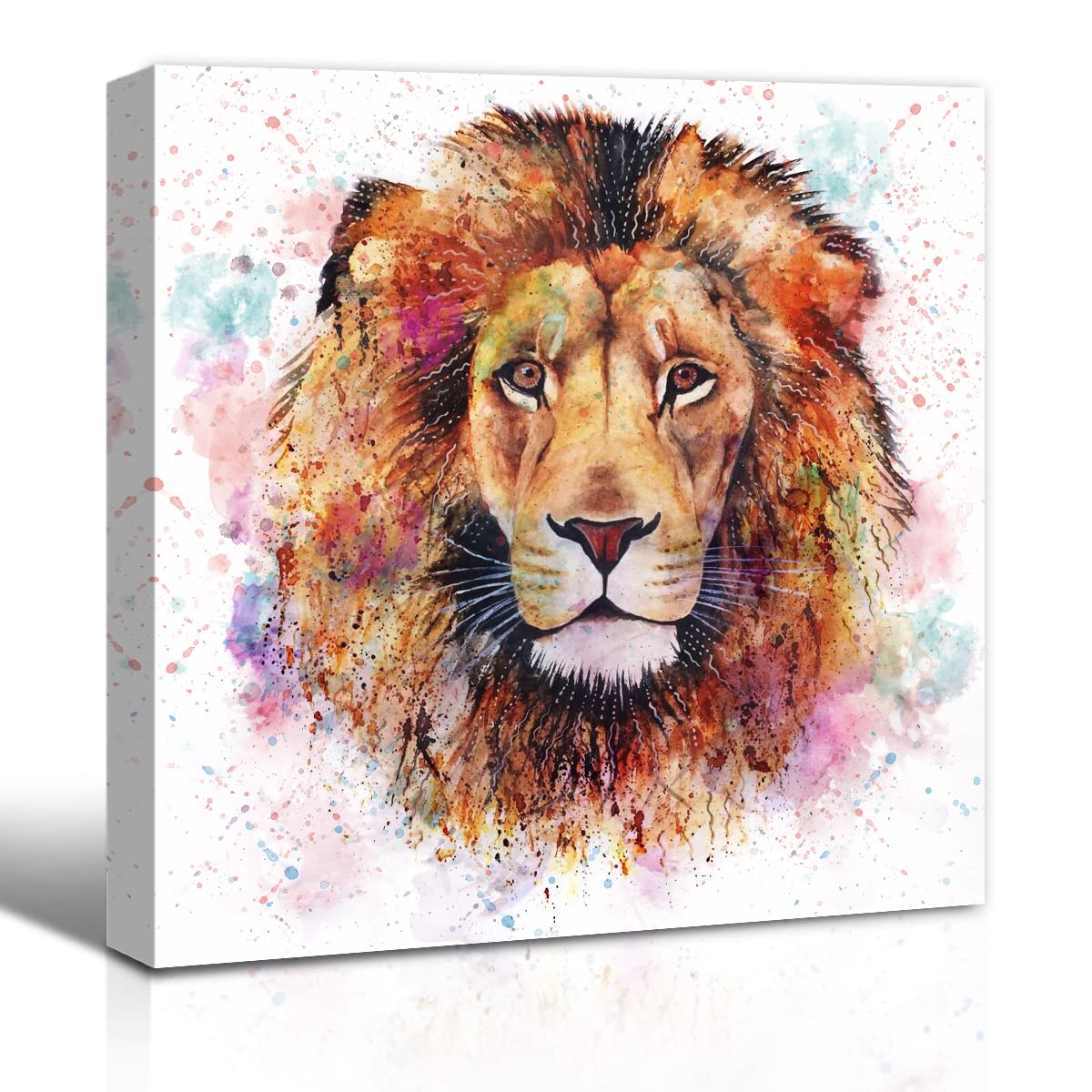 Wildlife Animal Lion Canvas Wall Art Decor, Watercolor Lion Poster Paintings, Modern Framed Colorful Splash-Ink Art Decor For Li