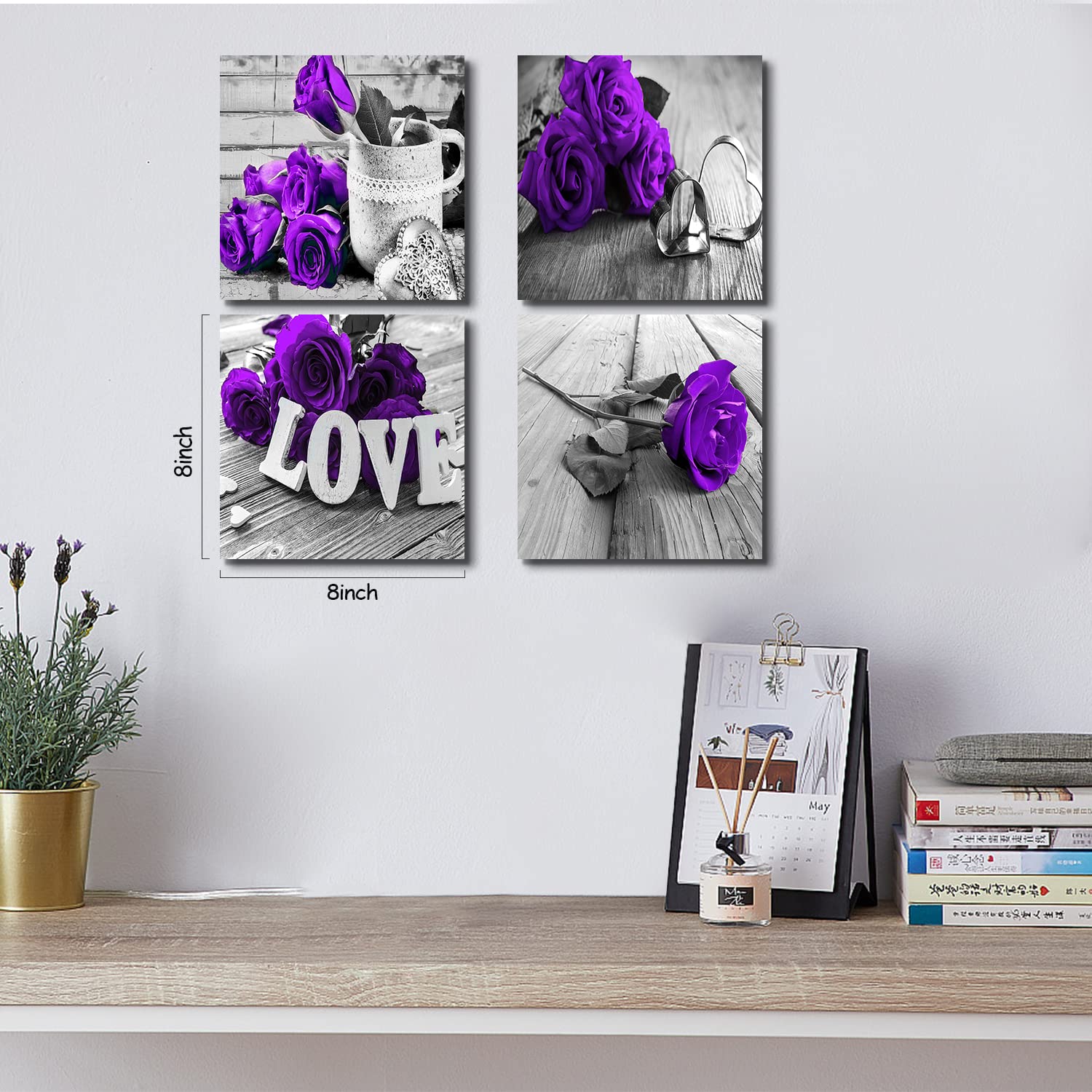 Purple Wall Art Bathroom Decor Rose Flower Canvas Prints Black and White Grey Background Romantic Love Painting Artwork Couple Bedroom Pictures Floral Posters Living Room Home Decorations 12x12 4 Pcs