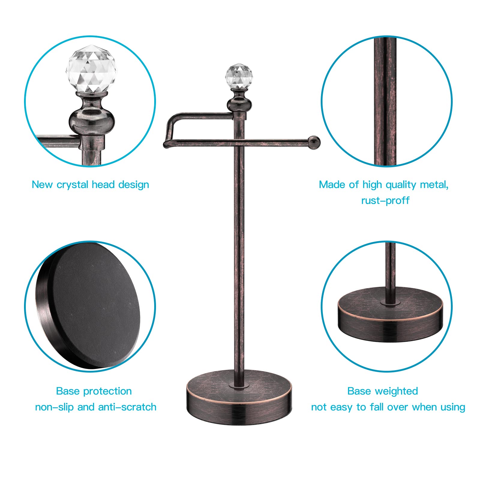 ROLABAM Heavy Weighted Hand Towel Holder(with Crystal Ball) Standing Hand Towel Holder Total Height 15.7'' for Kitchen Bathroom Vanity Classic Decorative Metal Hand Towel Stand Oil Rubbed Bronze