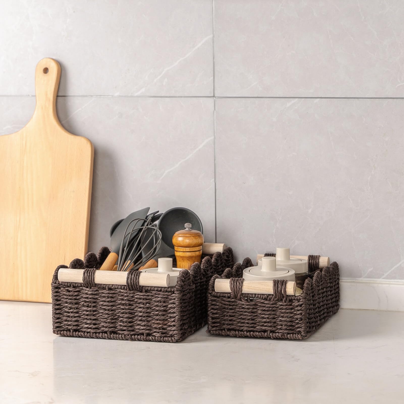CubesLand Paper Rope Scalloped Edge Shelves Baskets Set 2, Idea for Over Toilet Storage Shelf, End Table, Nightstand, Toilet Tan