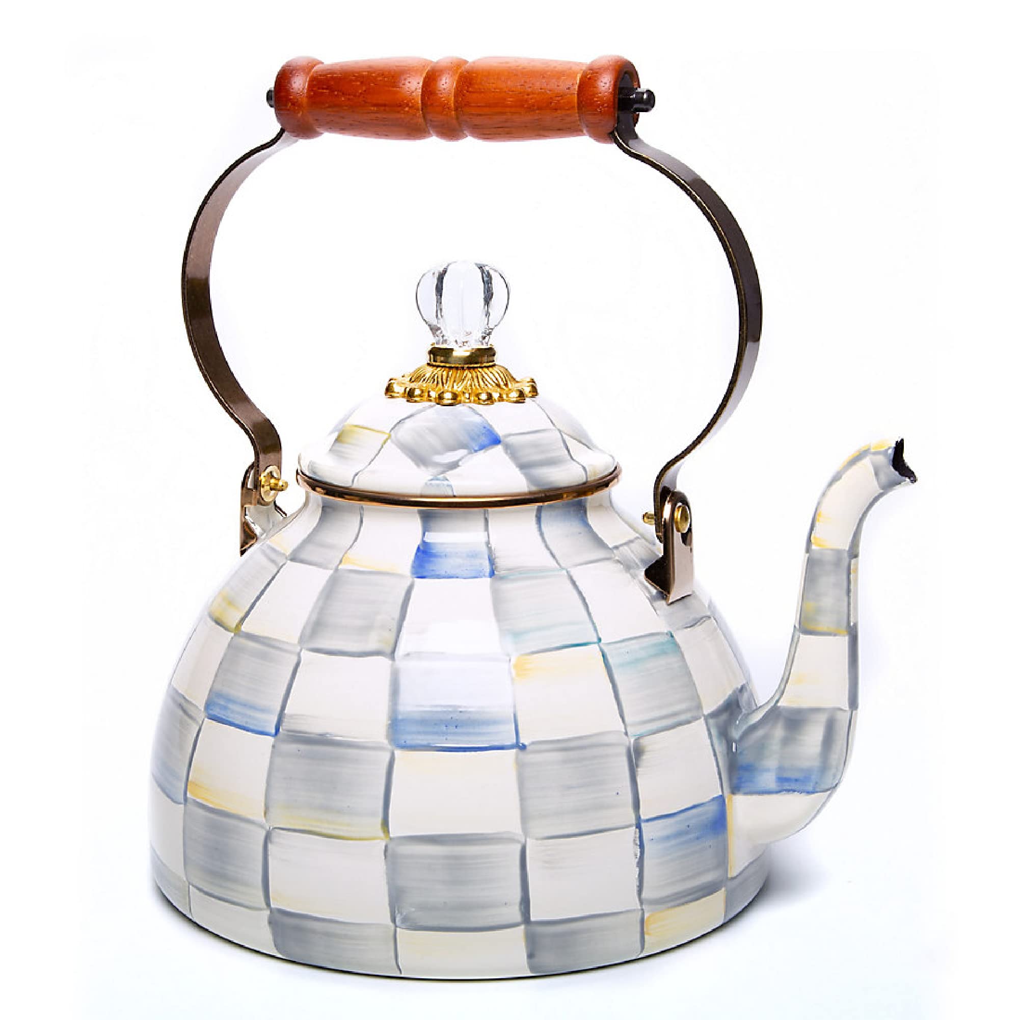 Mackenzie-Childs Sterling Check Enamel Tea Kettle, Decorative Tea Kettle, 3-Quart Capacity