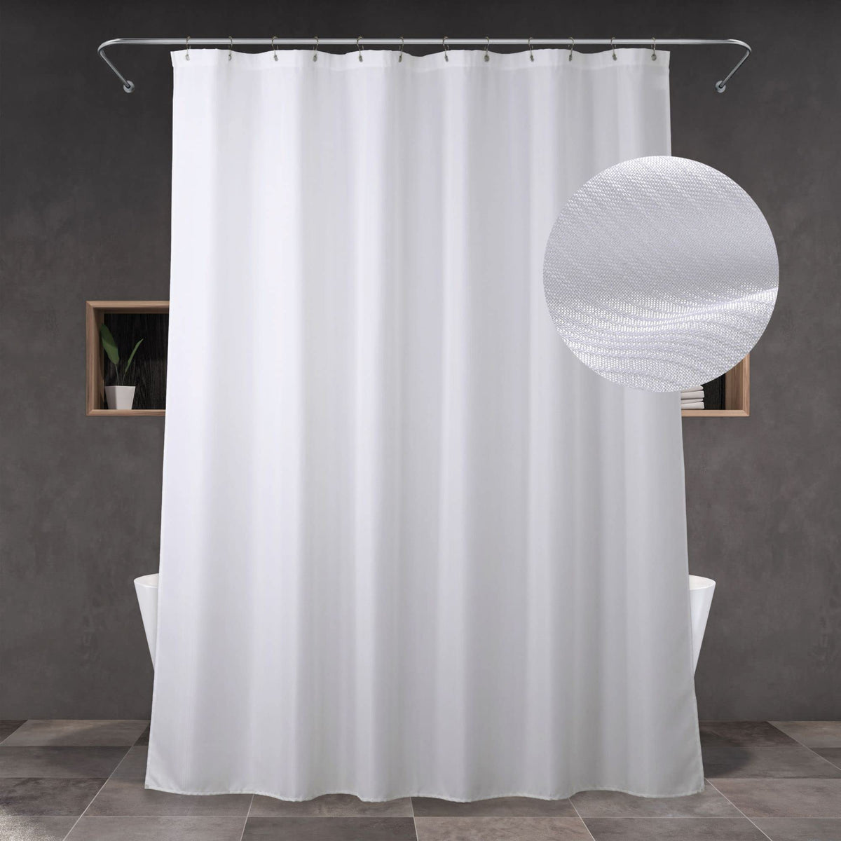 Popkozzi White Fabric Shower Curtain: Linen Textured Water Repellent Washable Light-Weight Polyester Shower Curtains For Bathroo