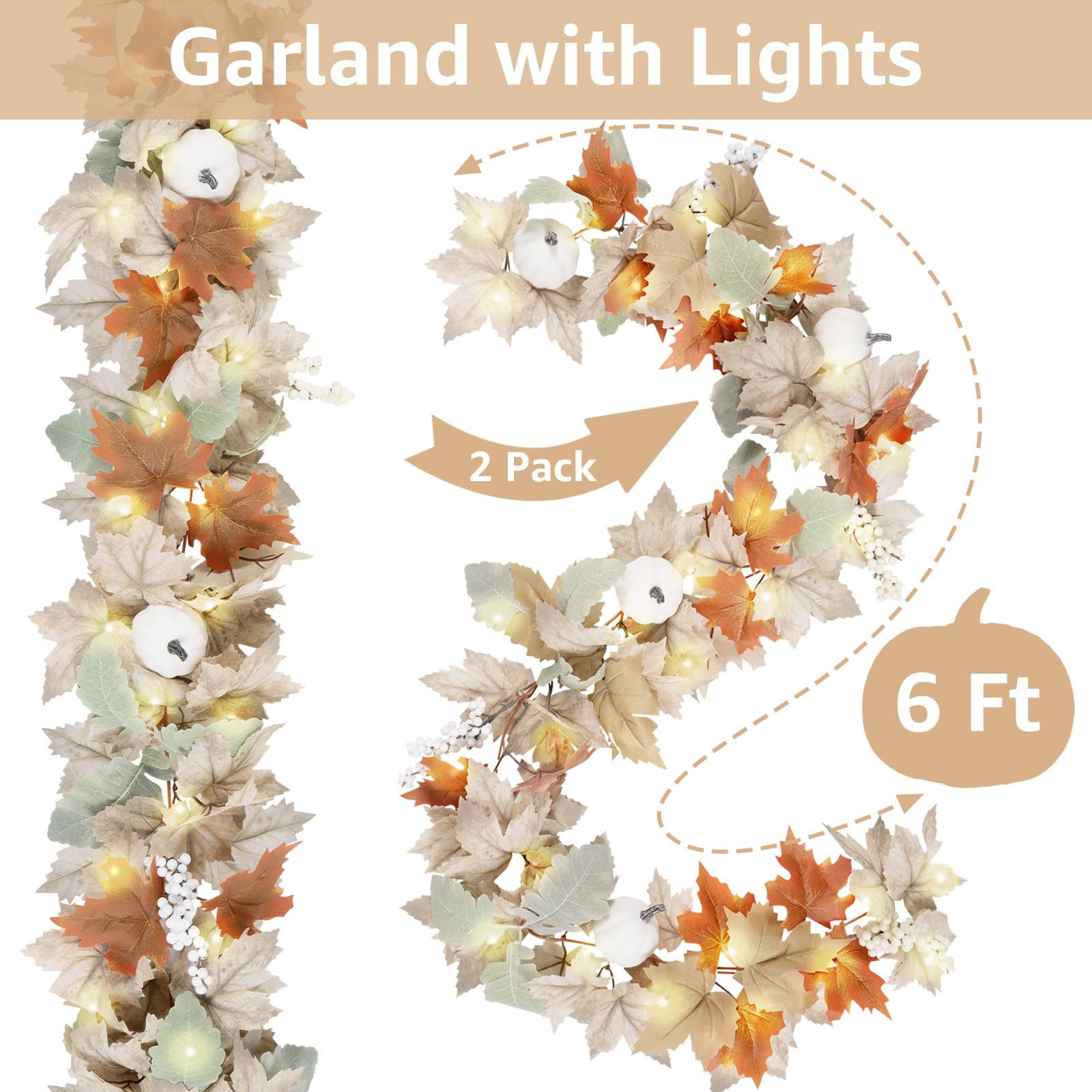 Neutral Fall Garland for Mantle Fireplace - 2 Pack 6Ft Outdoor Autumn Leaves Decor for Home Front Door with Pumpkins Indoor Mapl