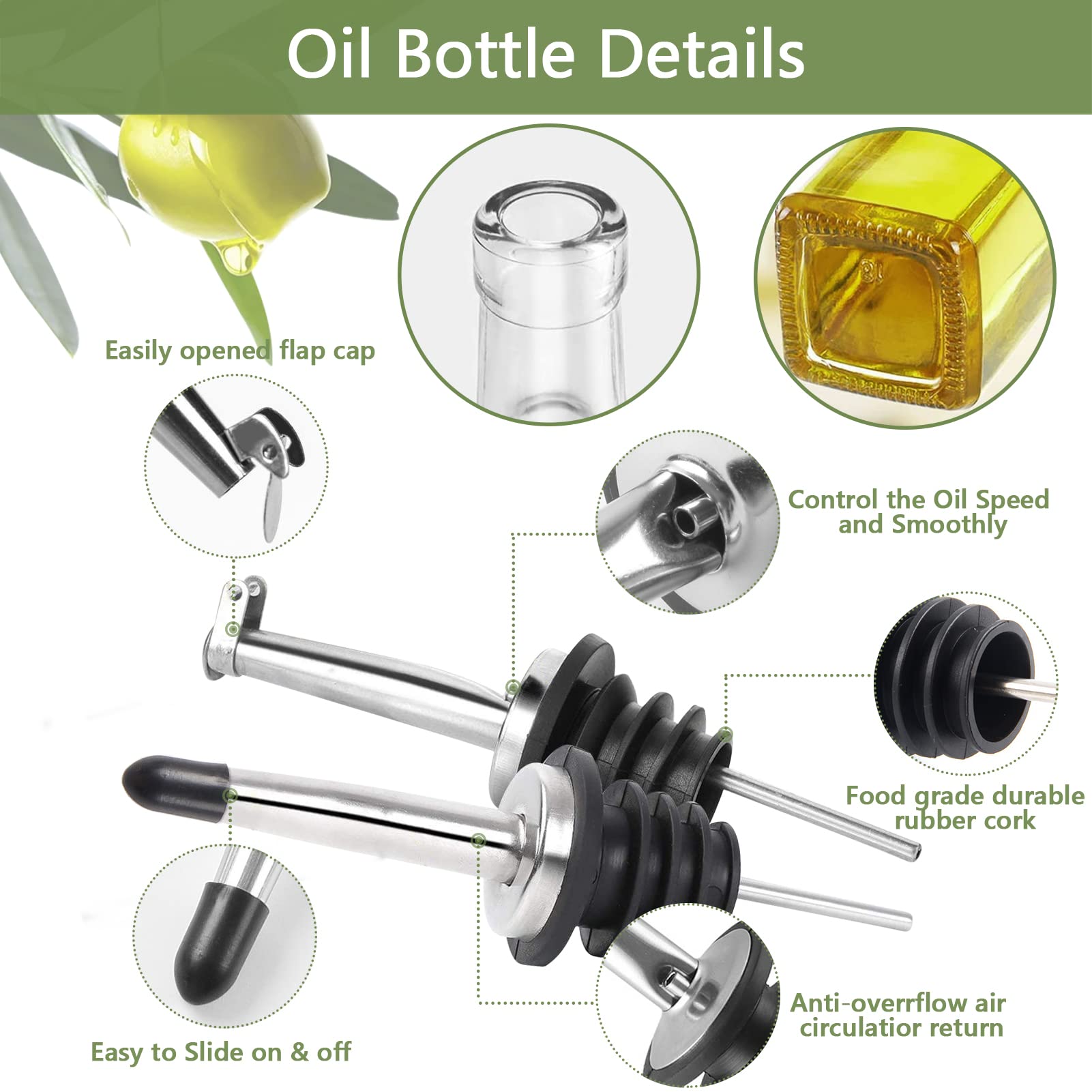 Leaflai Olive Oil Dispenser Set, 2 Glass Bottles, 500ml, Includes 2 Pourers, Labels, Brush, Funnel, Transparent