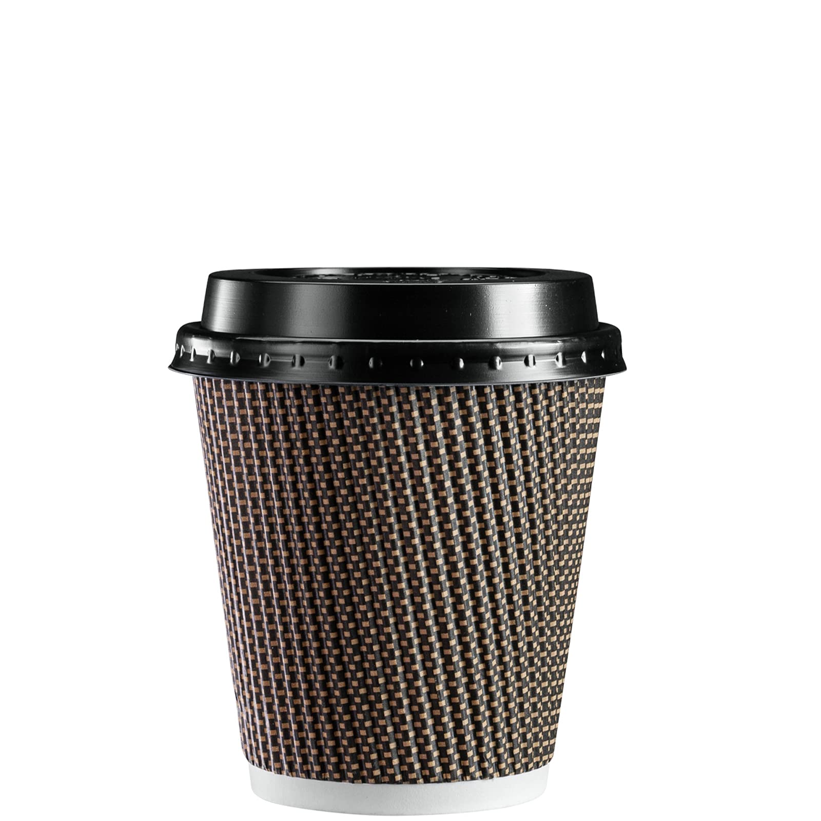 [50 Sets - 10 Oz.] Insulated Brown Patterned Ripple Paper Hot Coffee Cups With Lids (Lids Color May Vary)
