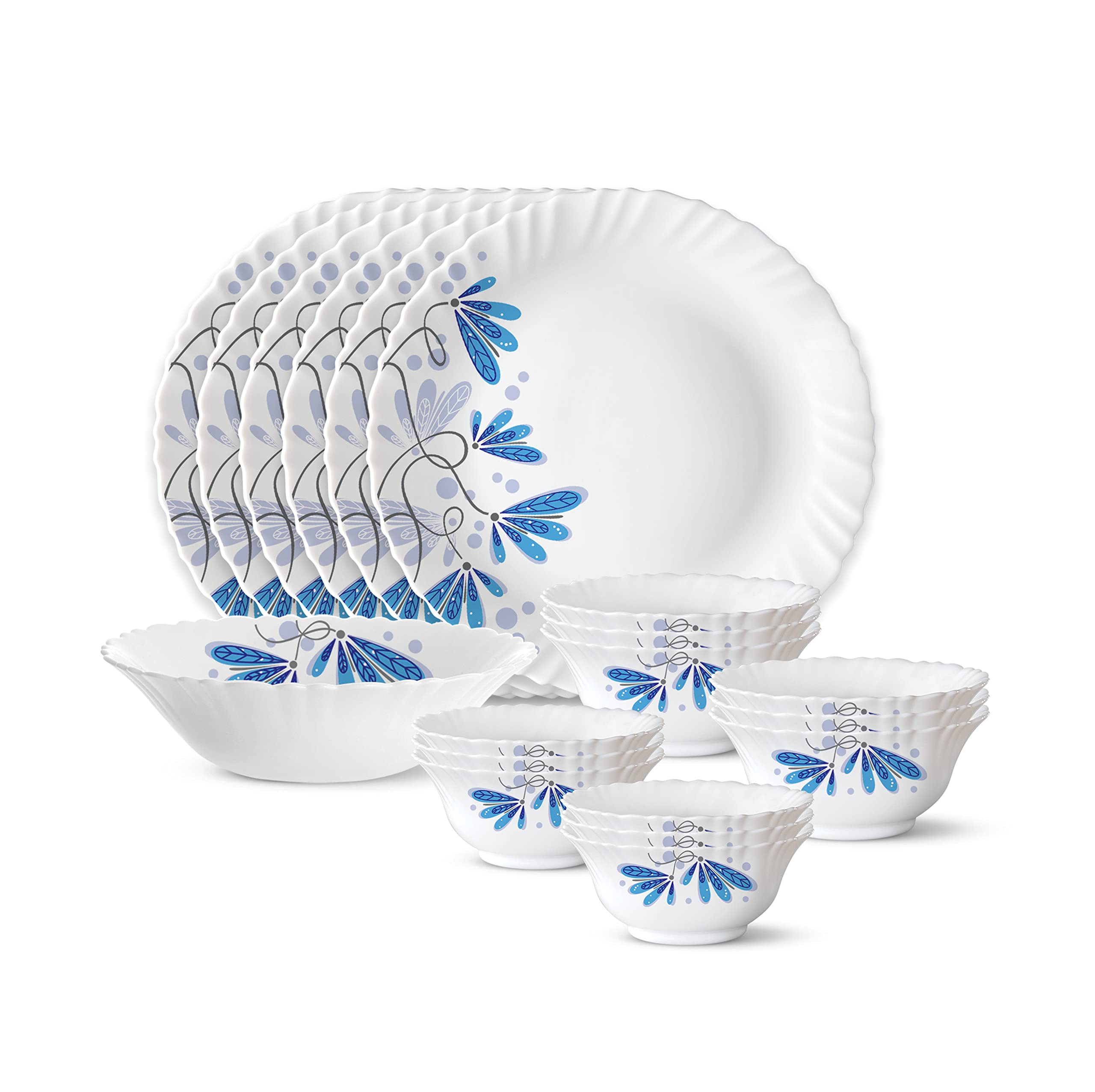Larah By Borosil Twilight Silk Series Opalware Dinner Set | 19 Pieces For Family Of 6 | Microwave & Dishwasher Safe | Bone-Ash F