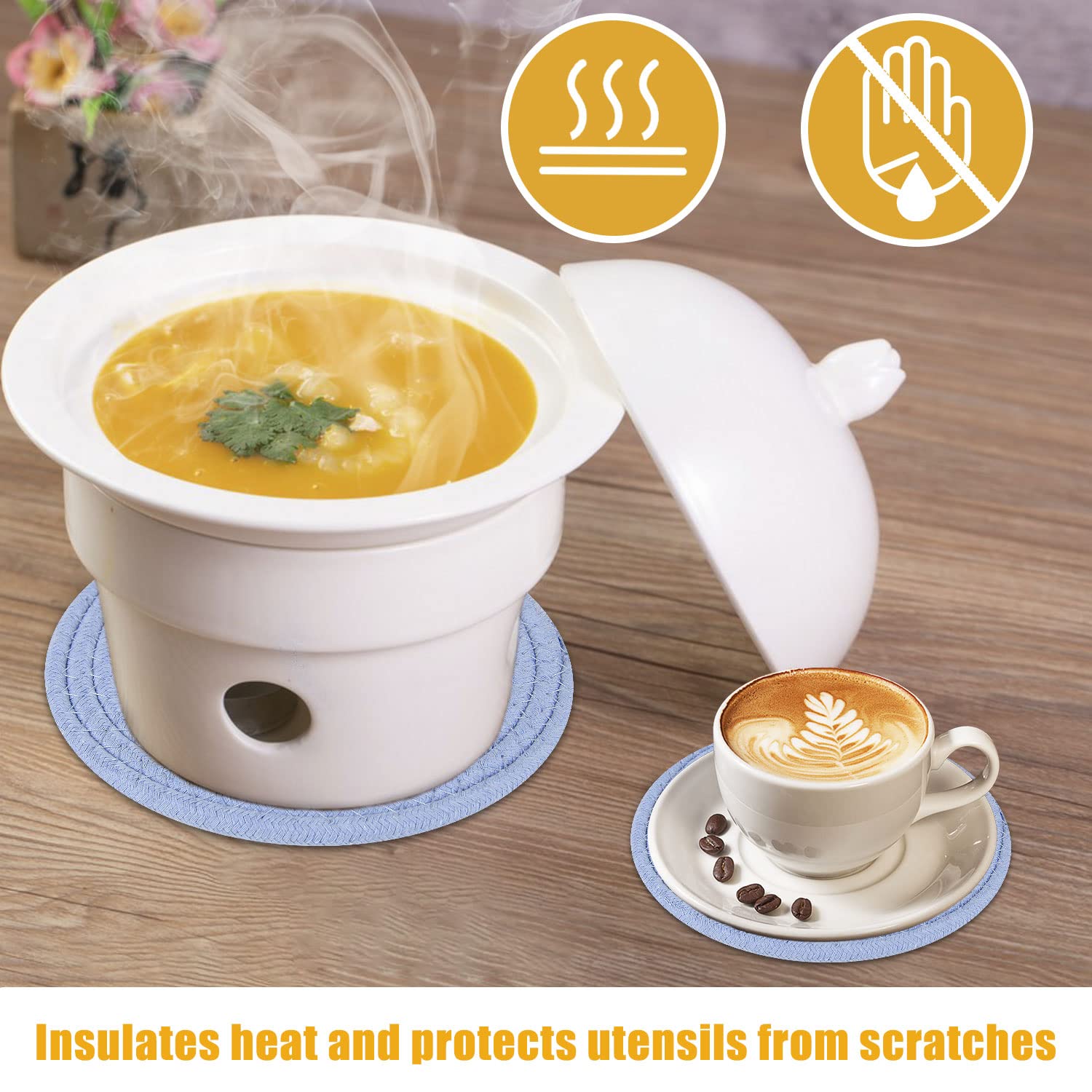 Howeifull 7'' Trivets For Hot Dishes, 4.3'' Woven Drink Coasters, Hot Pots And Pans, Round Heat Resistant 4 Hot Pads With 4 Coas