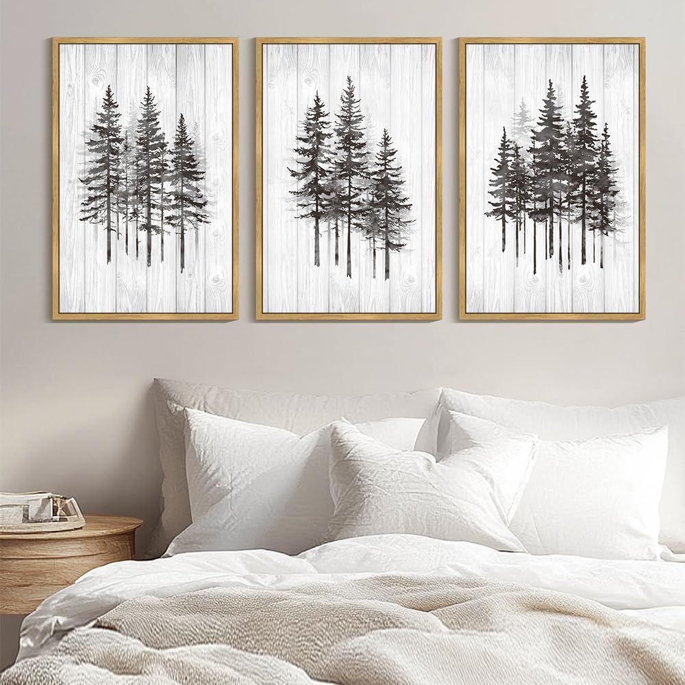 Kuvioke Woodcut Pine Tree Framed Wall Art Nature Abstract Forest Wall Decor Rustic Minimalist Painting For Bedroom Dining Room 2