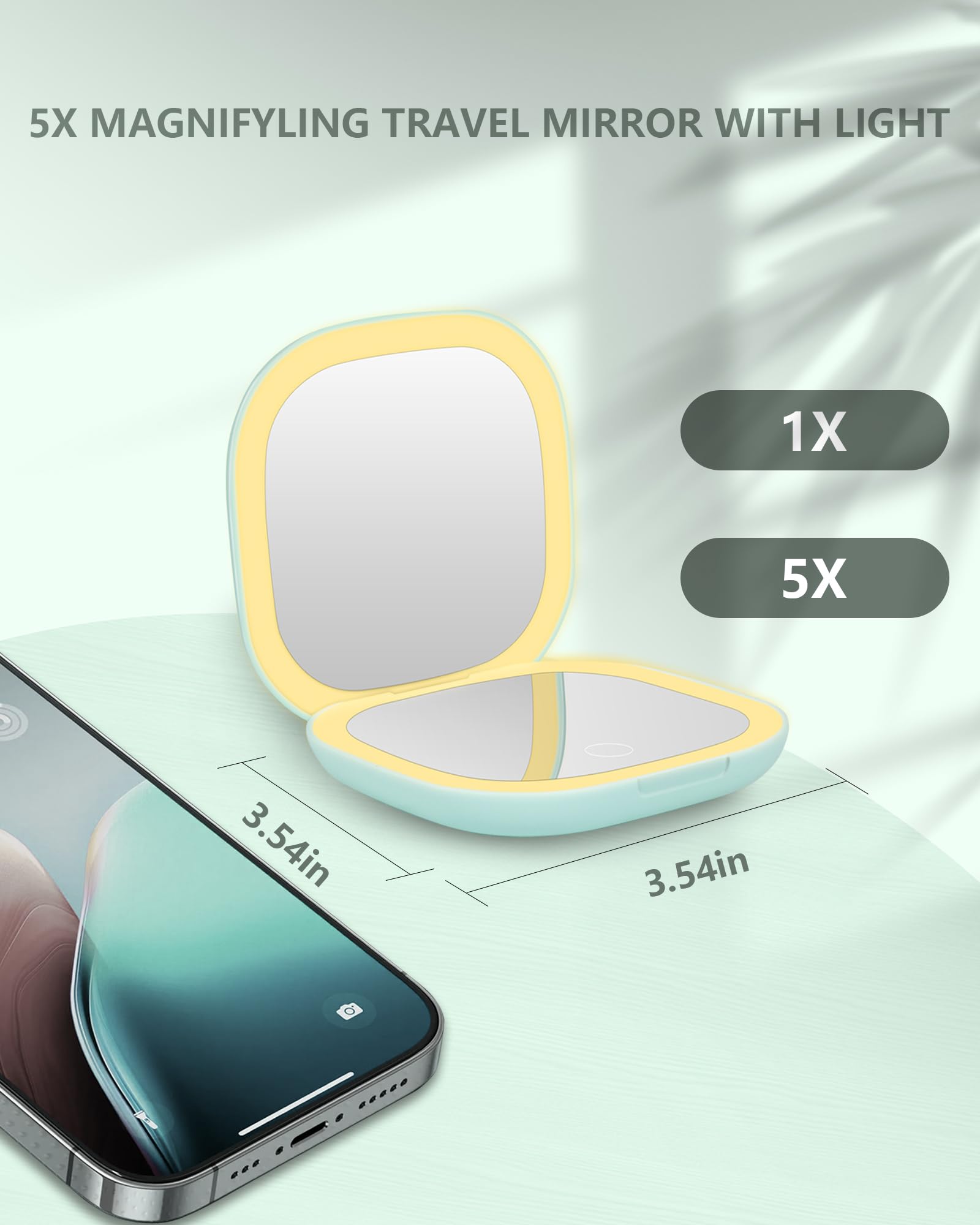 Dec.Metu Compact Mirror, 1X/5X Magnification Pocket Travel Makeup Mirror With Lights For Purse Rechargeable Small Handheld Mirro