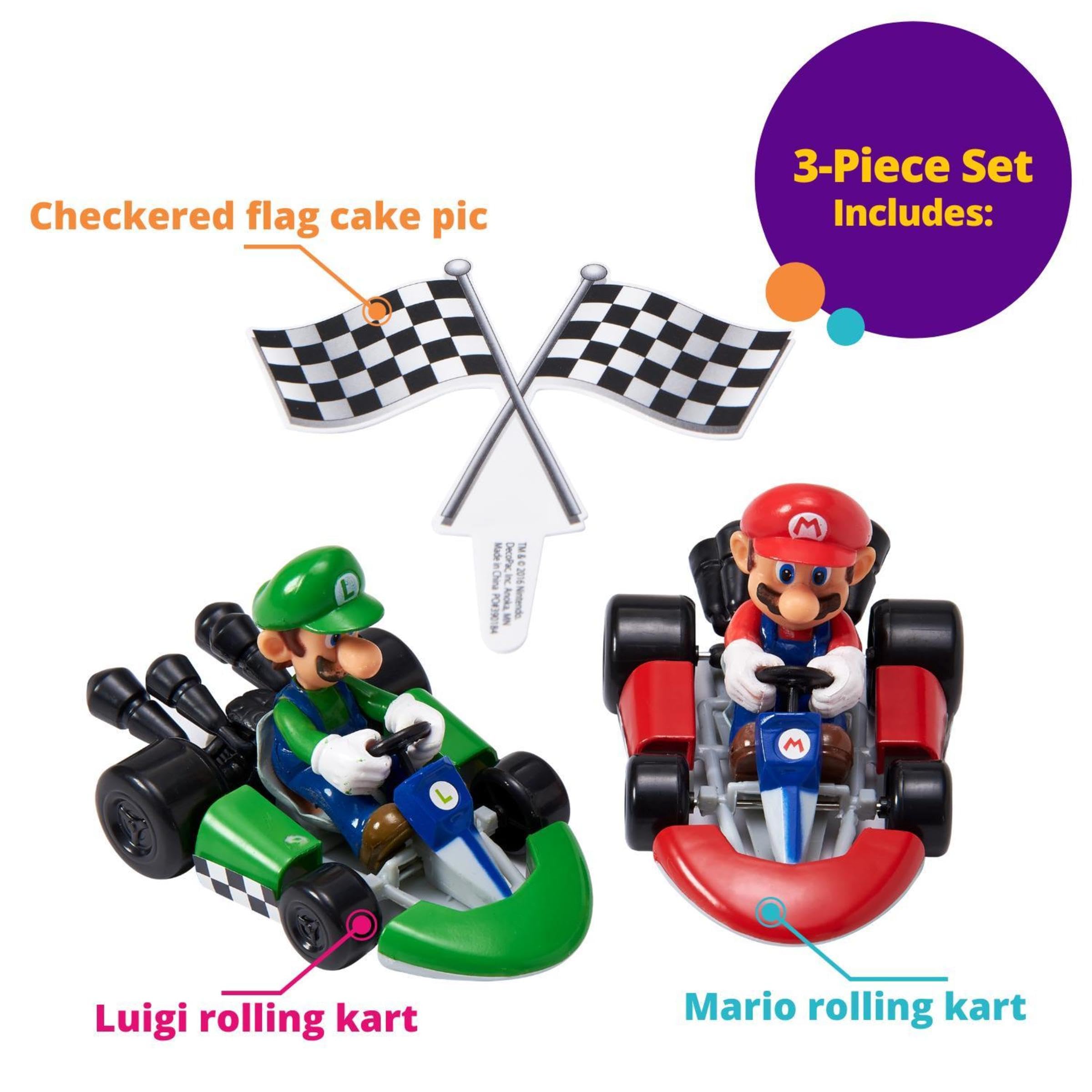 DecoPac Super Mario Kart Cake Topper  2-Pc Cake Topper with Race Car Toppers & Checkered Flag Decoration  Collectible Cars for Hours of Fun After the Party