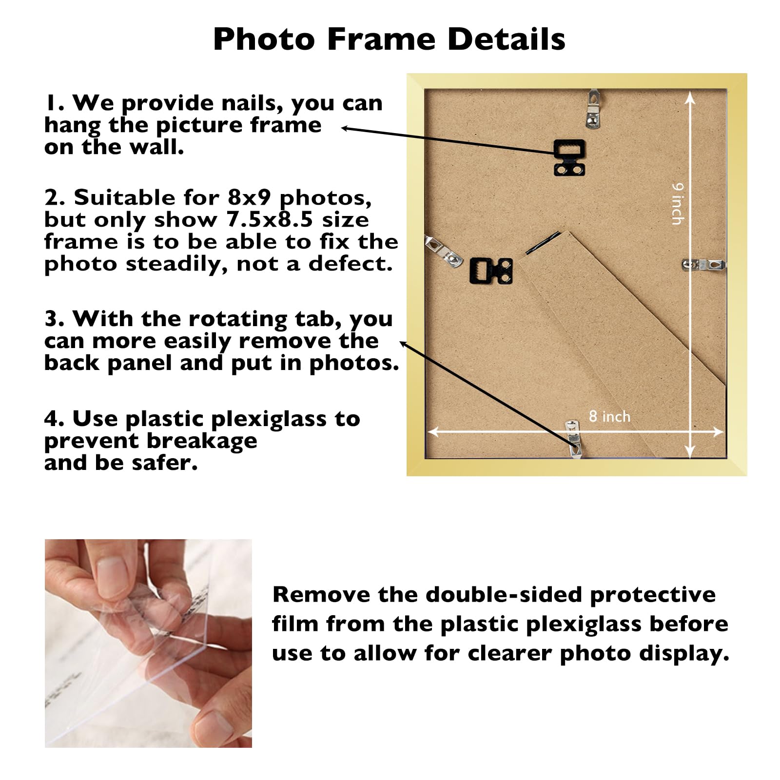 JCJMY 8x9 Picture Frame Gold for Wall Hanging or Tabletop, Wall Mounting Horizontally or Vertically, 8 x 9 Wall Gallery Poster P