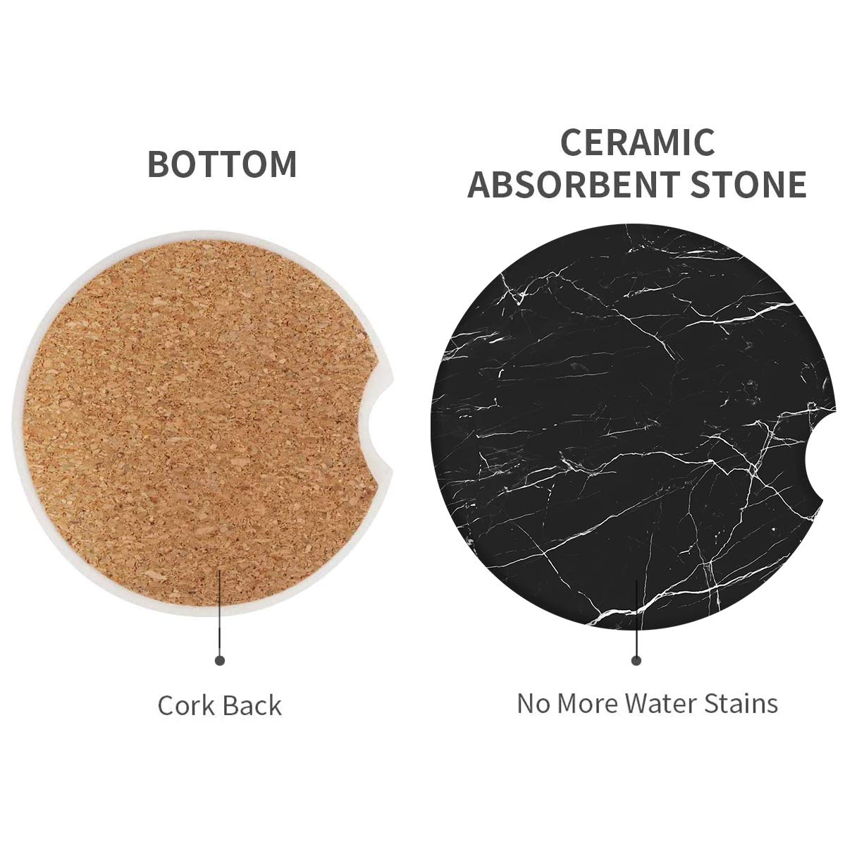 Britimes Absorbent Car Coasters 2 Pack For Cup Holders, 2.56'' Ceramic Stone & Non-Scratch Cork Base Drink Coasters Crackle Marb