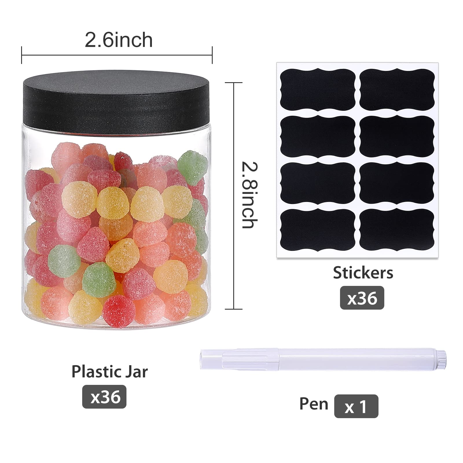 36Pcs 8Oz Plastic Jars With Screw On Lids, Pen And Labels Refillable Empty Round Slime Cosmetics Containers For Storing Dry Food