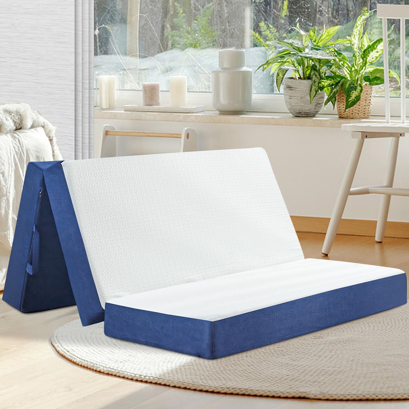 Folding Mattress Queen Size, Memory Foam 6 inch Tri Portable Trifold Mattress Topper Queen with Breathable & Washable Cover, Fol