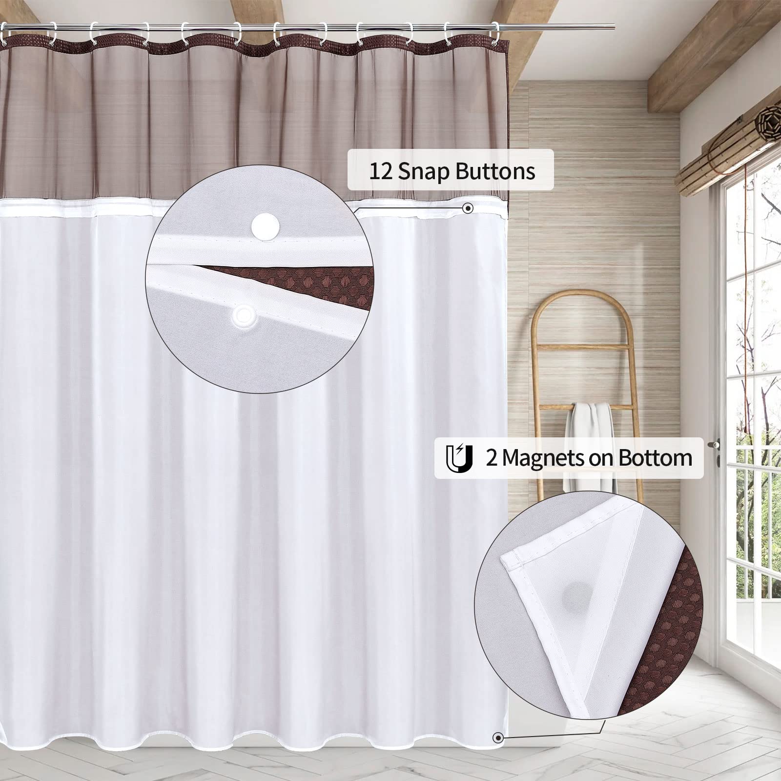 MitoVilla Brown Waffle Shower Curtain Set with Snap-in Liner  Modern Waffle Weave Heavyweight Fabric Shower Curtain for Luxury Neutral Hotel & Spa Bathroom Decor  72 x 72