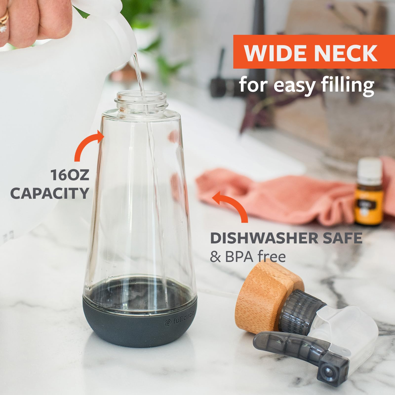 Full Circle Bottle Service-Refillable Glass Spray Bottle-Versatile Stream & Mist Options,Bamboo With Protective Silicone Boot-Id