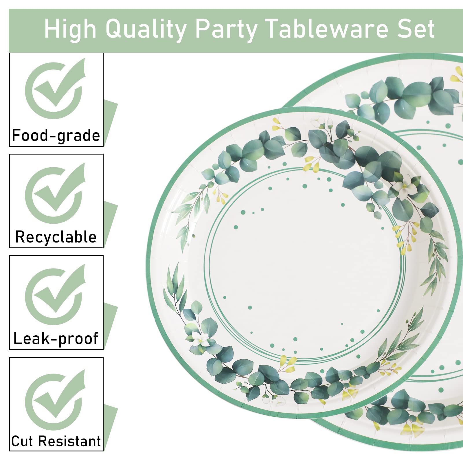 96 Pieces Sage Greenery Party Supplies Tableware Set Eucalyptus Leaf Jungle Theme Party Table Decorations Bridal Baby Shower Saf