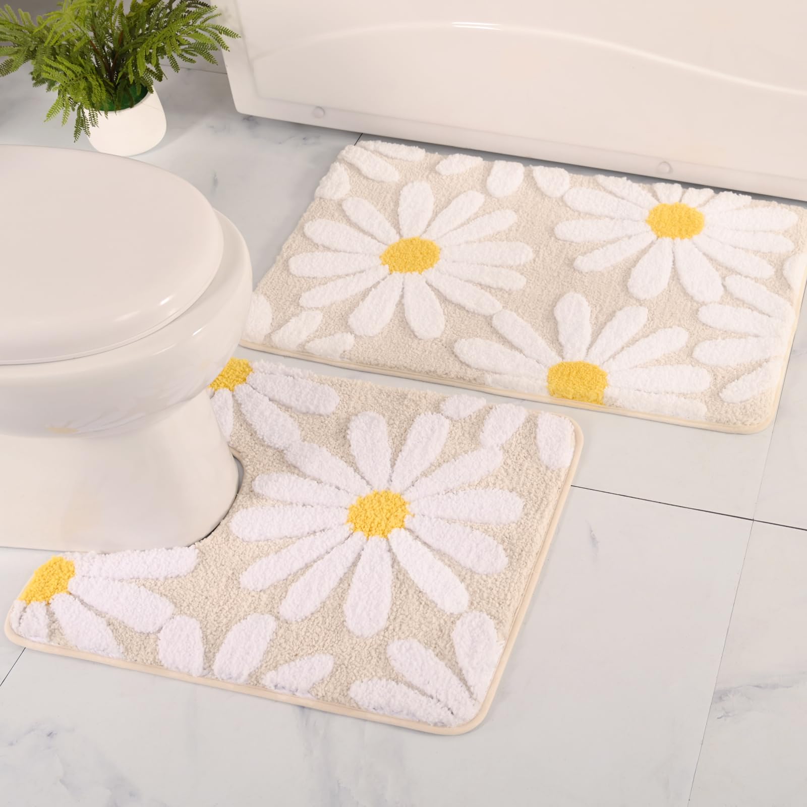 Qjhomo Bathroom Rugs Sets 2 Piece, Cute Daisy Bath Mat Beige Toilet Rug U Shaped, Flower Deocr Bathroom Set Non Slip Contour Bat