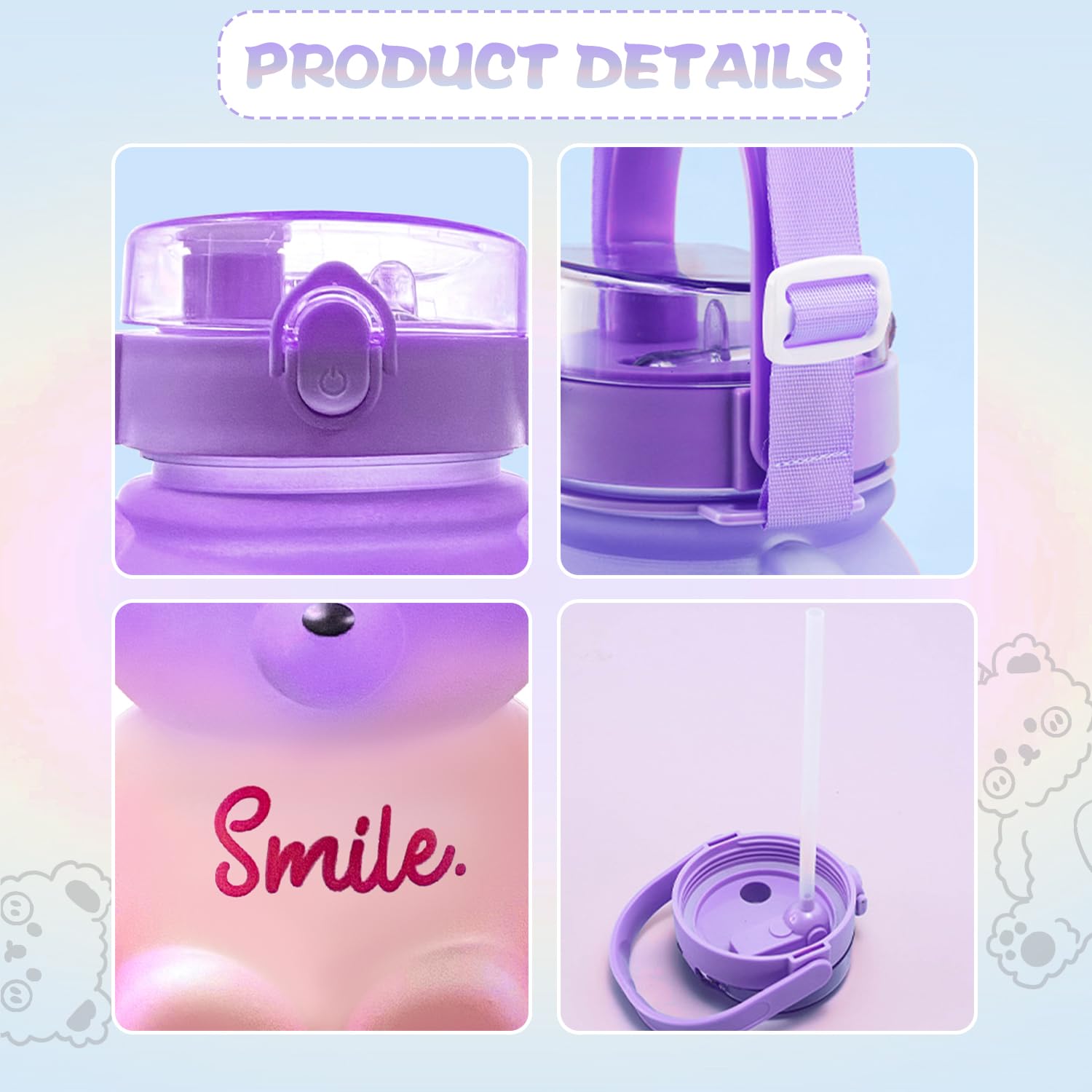 Kawaii Bear Water Bottle With Straw, Bear Water Bottles With Adjustable Strap, Teddy Bear Water Bottles, Cute Water Bottles For