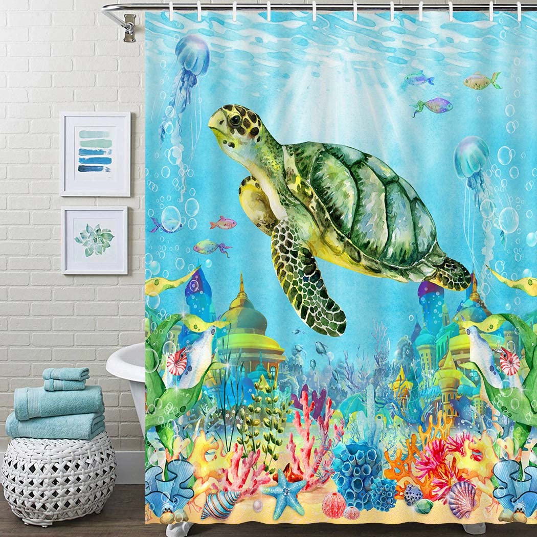 Juirnost Sea Turtle Shower Curtain Ocean Shower Curtain For Bathroom Underwater Seashell Tropical Marine Animal Nautical Beach S