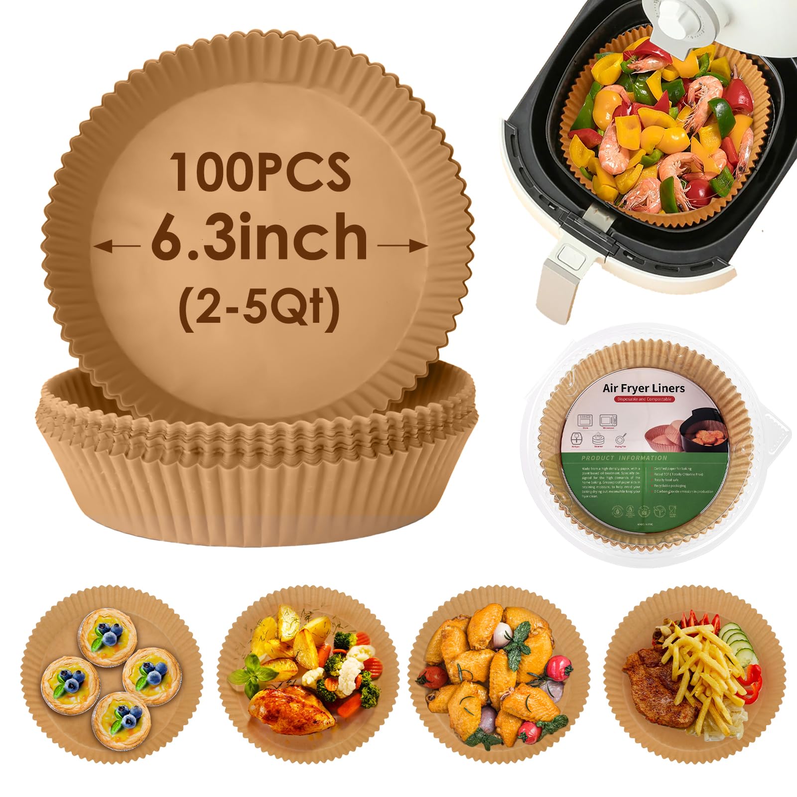 Air Fryer Disposable Paper Liner, 100Pcs Air Fryer Airfryer Parchment Paper Liners Round, Non-stick Grease Proof Bakery Baking P