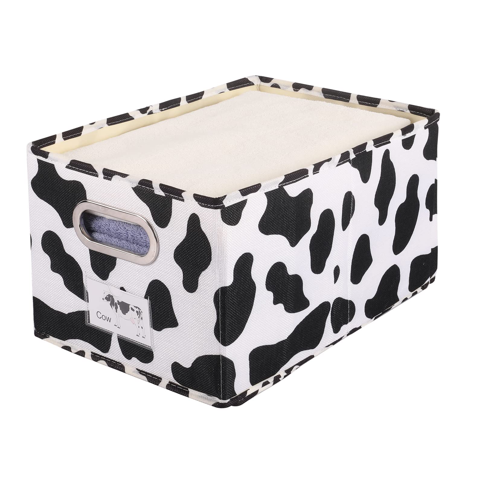 Anminy Fabric Storage Bin Cow Print Cotton Linen Foldable Open Storage Basket Box With Handles Pp Plastic Board Label Window Dec