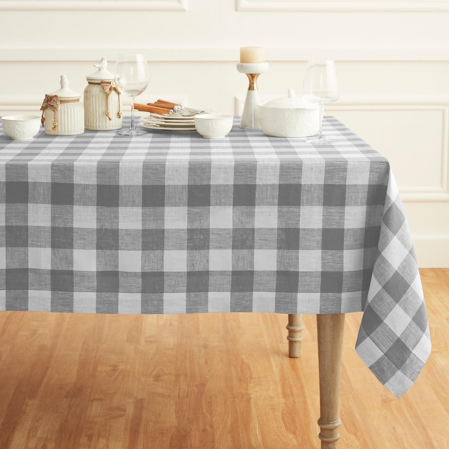 Solino Home Buffalo Check Linen Tablecloth 108''L X 60''W Inch - 100% Pure Linen Grey And White Table Cloth For Rectangle Tables