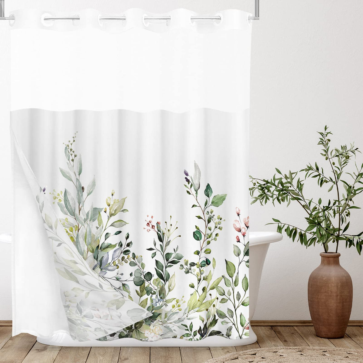 Tititex No Hooks Snap In Liner Green Eucalyptus Leaves Shower Curtain Sets, Hotel Luxury Double Layers Waterproof Fabric & See-T