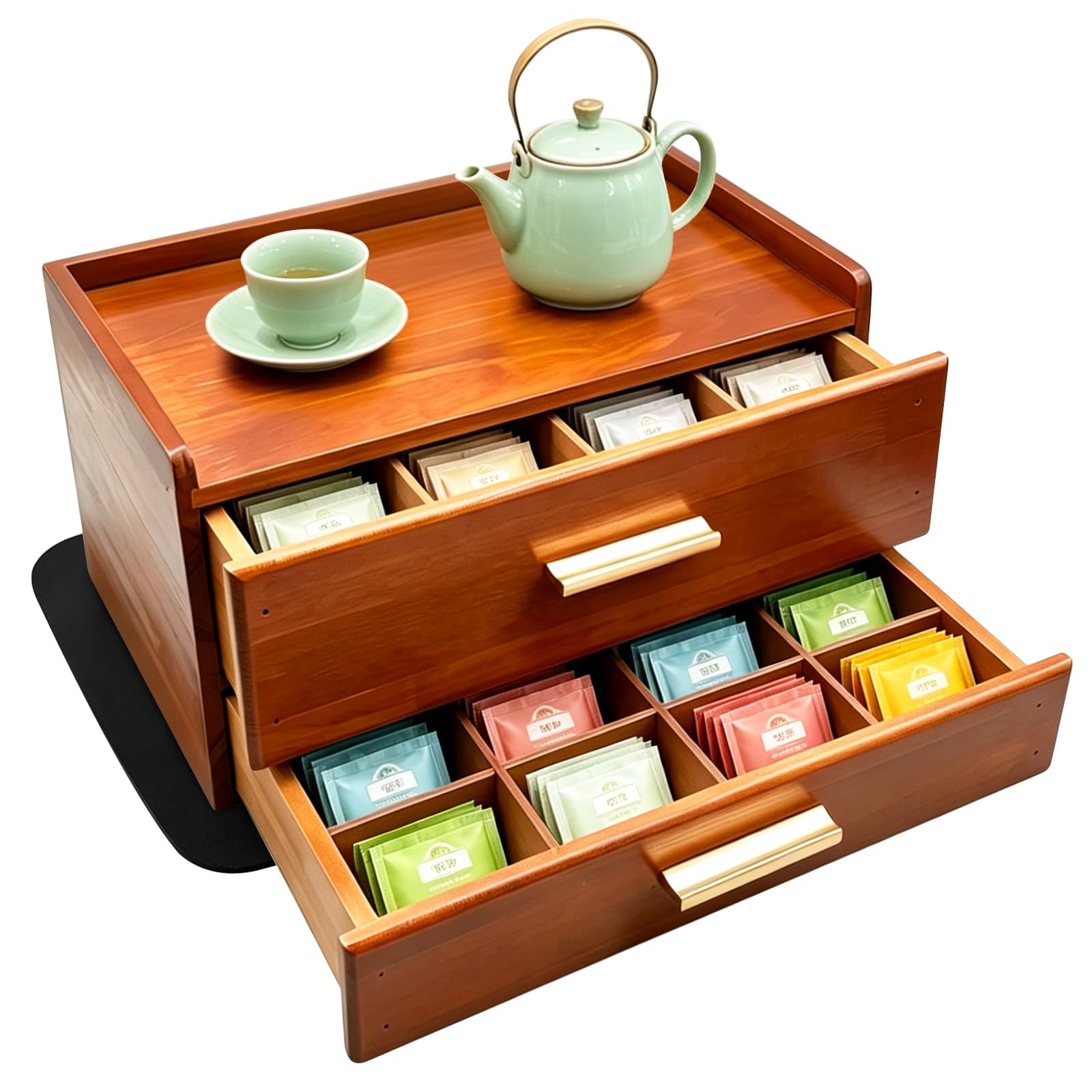XKingsun Wood Tea Bag Organizer Drawer With Mat Tea Storage Bag DoubleDrawer Tea Station Chest With 20 Compartments Tea Caddy 