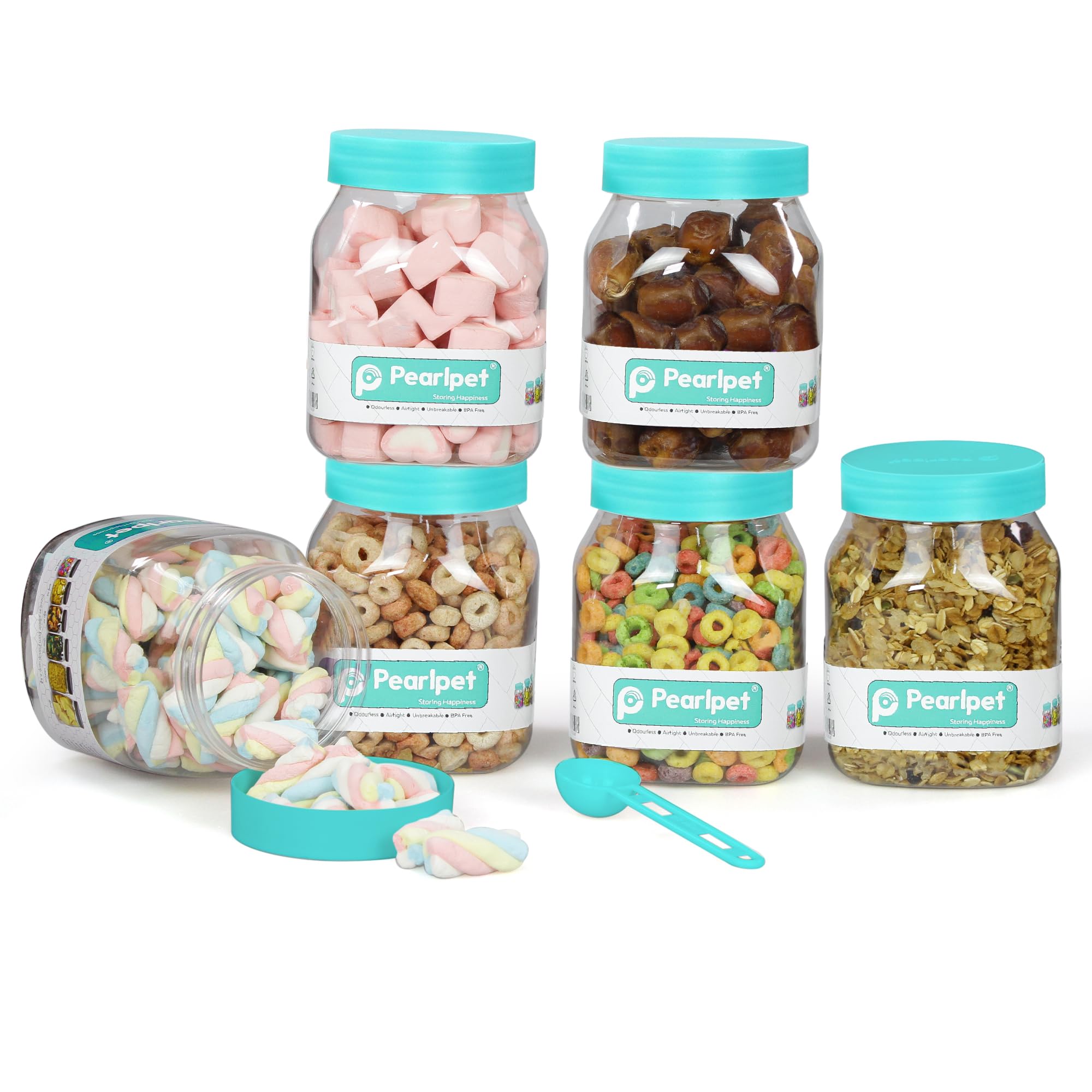 Pearlpet Space Saver Container Set For Kitchen Storage Set With Plastic Green Lid And Spoons, 600 Ml Set Of 6 Pieces With 6 Spoo