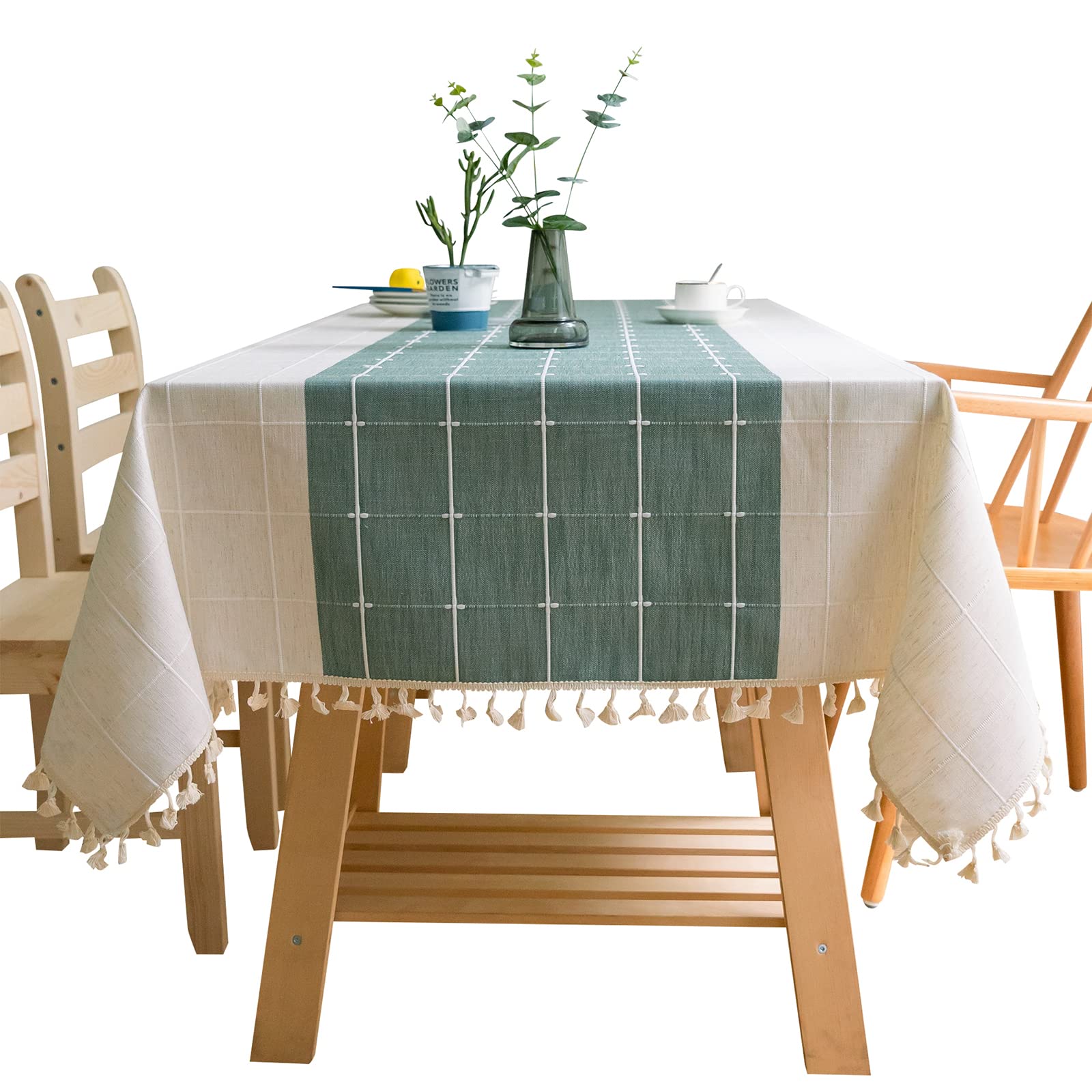 Jeloris Rustic Embroidered Tablecloth With Tassel, Cotton Linen Wrinkle Free Anti-Fading Washable Dust-Proof Table Cover For Din