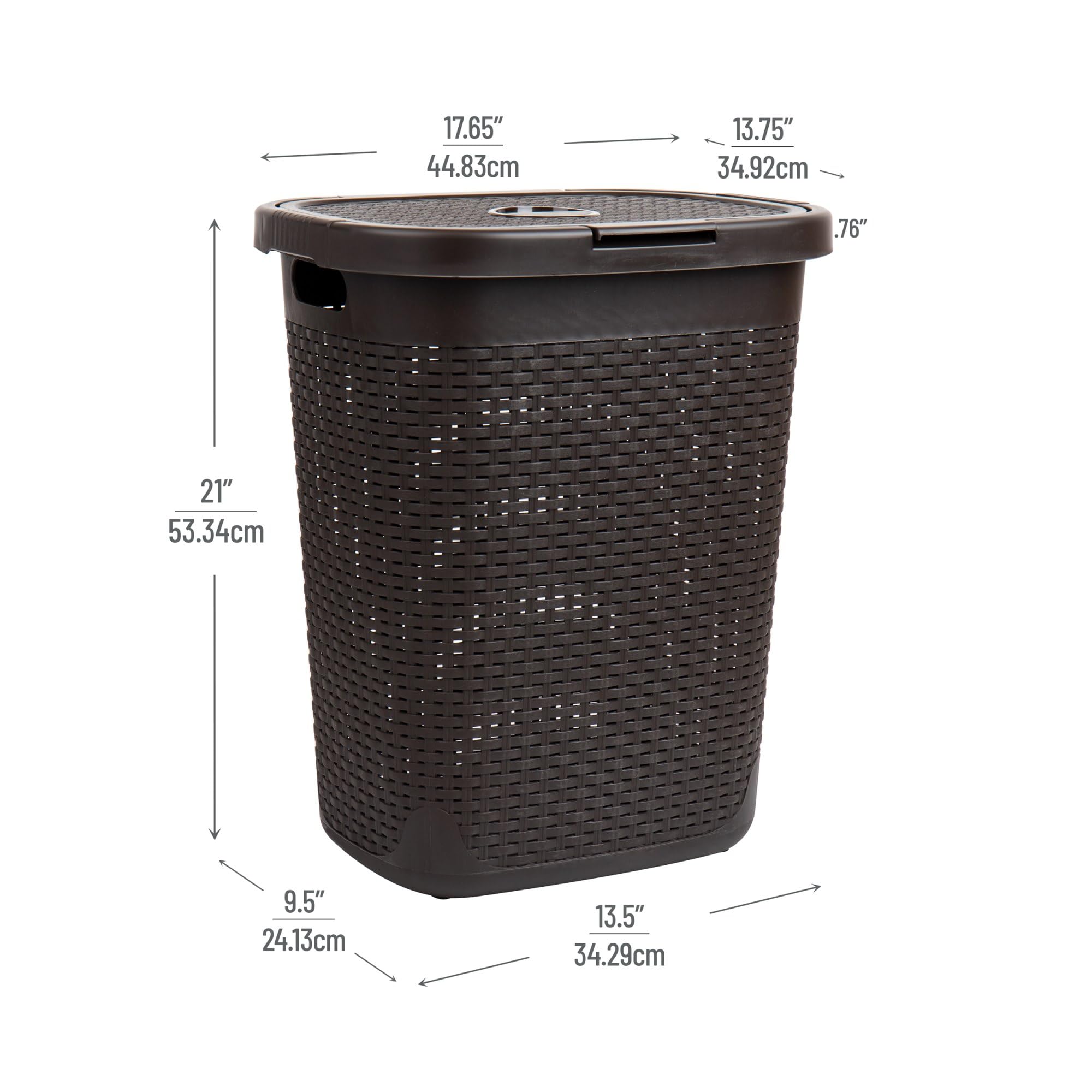 Mind Reader 50L Slim Laundry Hamper, Clothes Basket, Lid, Wicker Design, Plastic, 17.65''L X 13.75''W X 21''H, Brown
