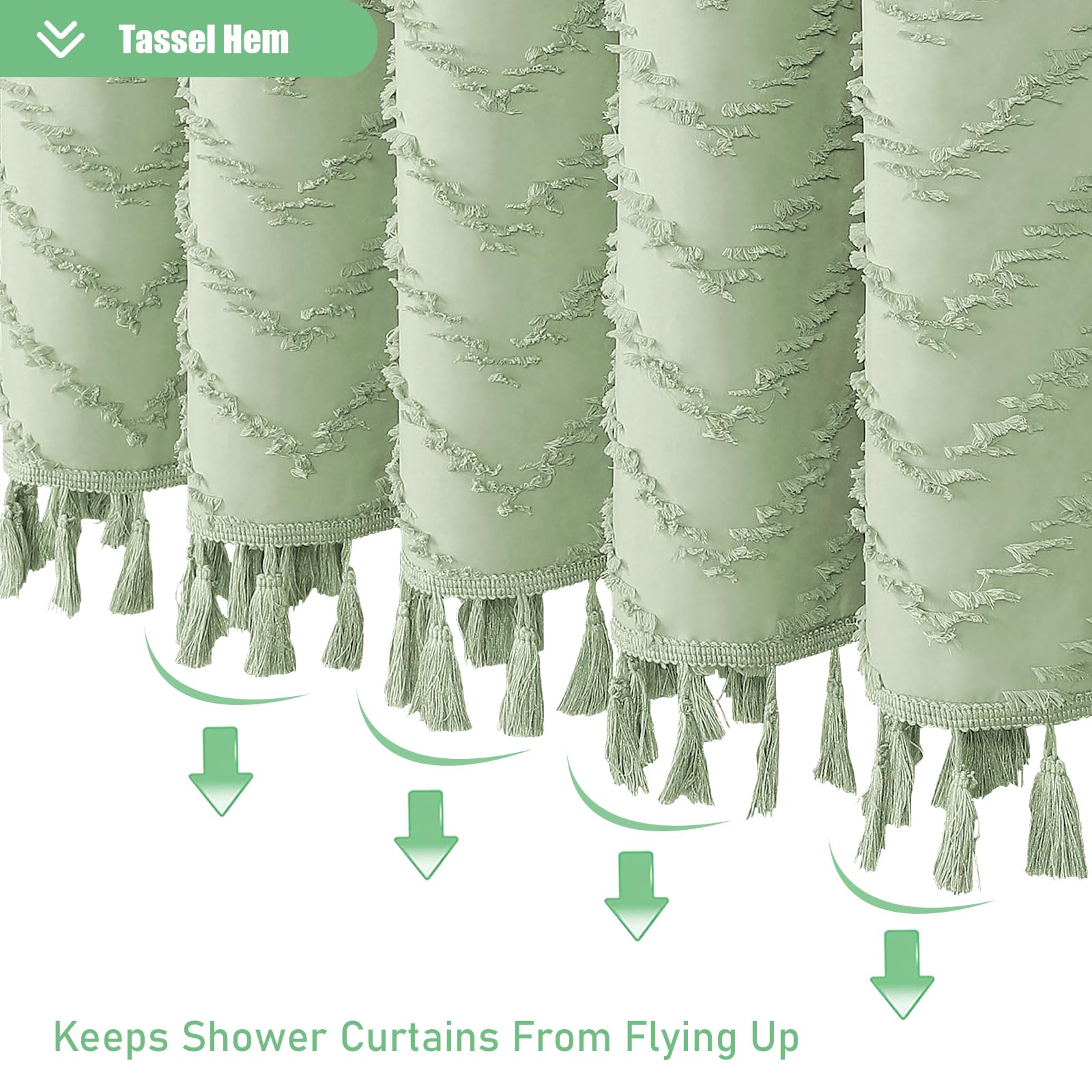 Dynamene Stall Fabric Shower Curtain, 48 Inch Wide Boho Farmhouse Tufted Chevron Striped Tassel Shower Curtain, Minimalist Ruffl