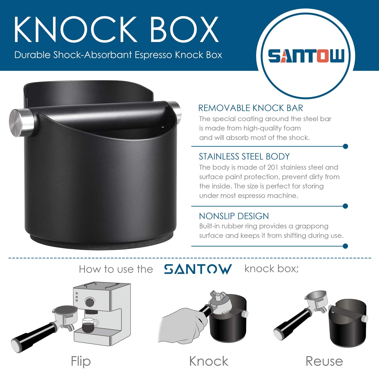 Coffee Knock Box, Santow Black Espresso Knock Box With Removable Knock Bar And Non-Slip Base - Dishwasher Safe, Stainless Steel