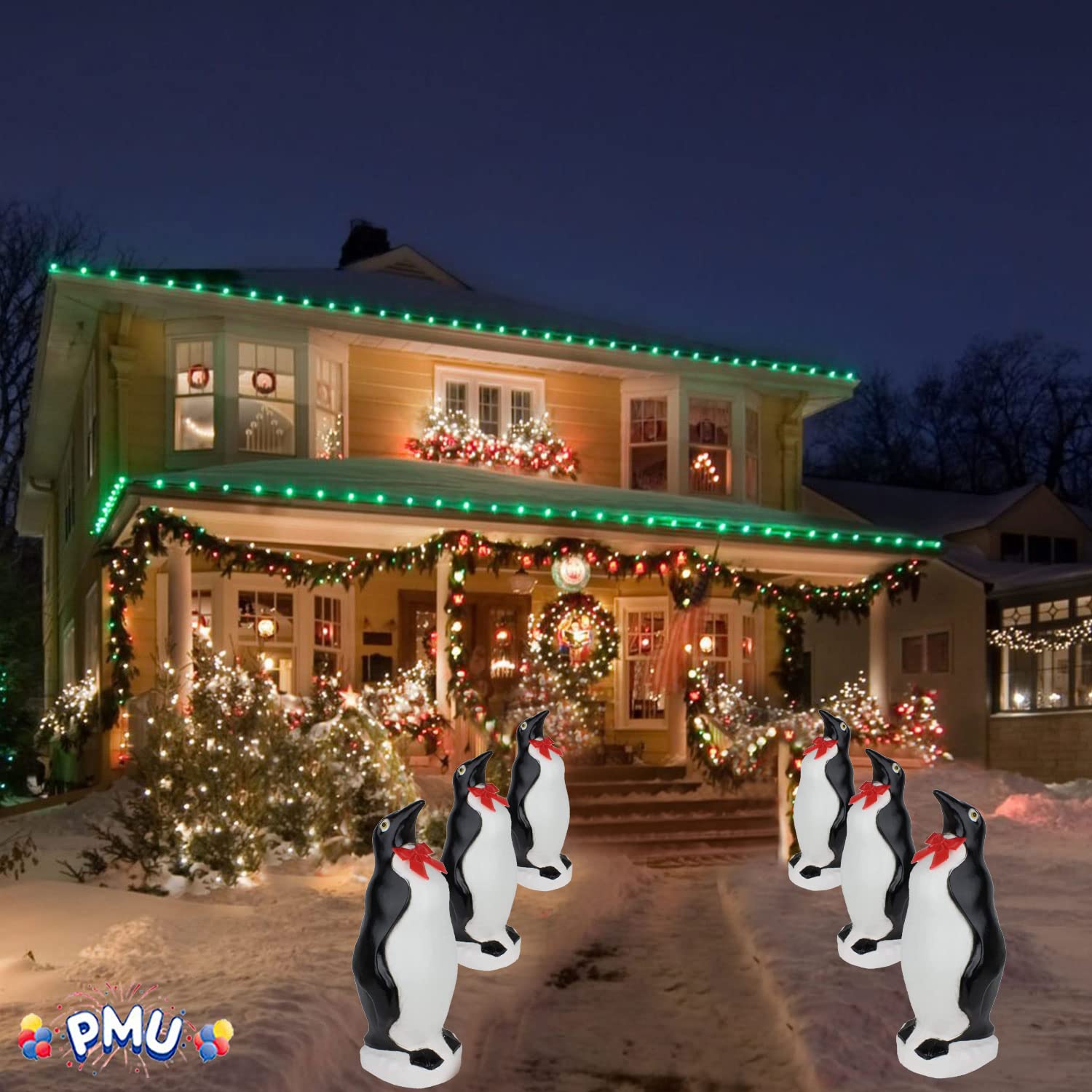 PMU Christmas Light Up Penguin with Bow - Blow Mold Plastic Statue Illuminated with 6  Cord and Light-Perfect Night D  cor for C