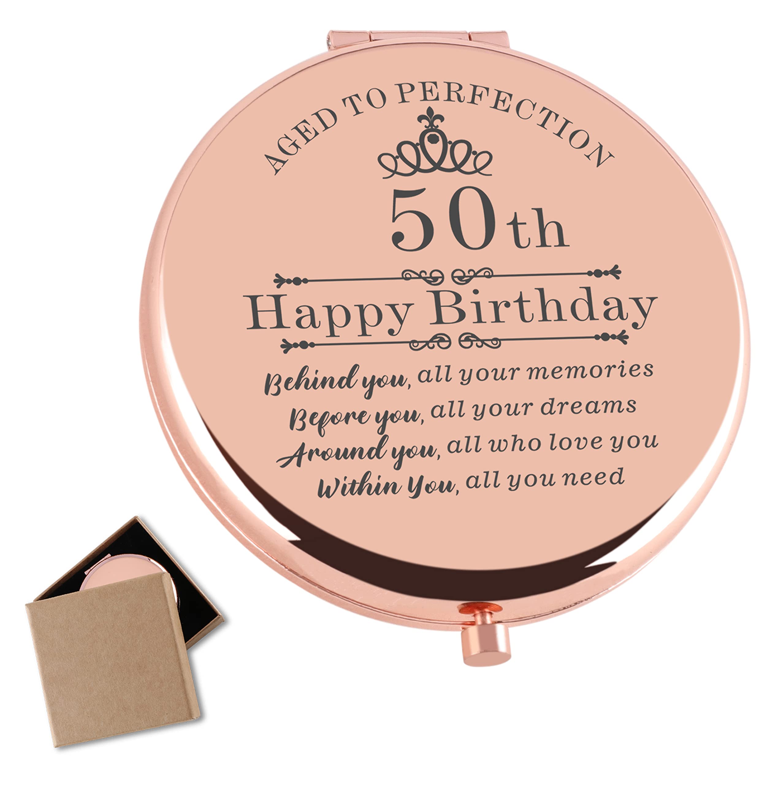 Cawnefil 50th Birthday Gifts for Women Rose Gold 2.6 L x 2.6 W Compact Makeup Mirror, 50th Birthday Gift for Women, Double-Sided