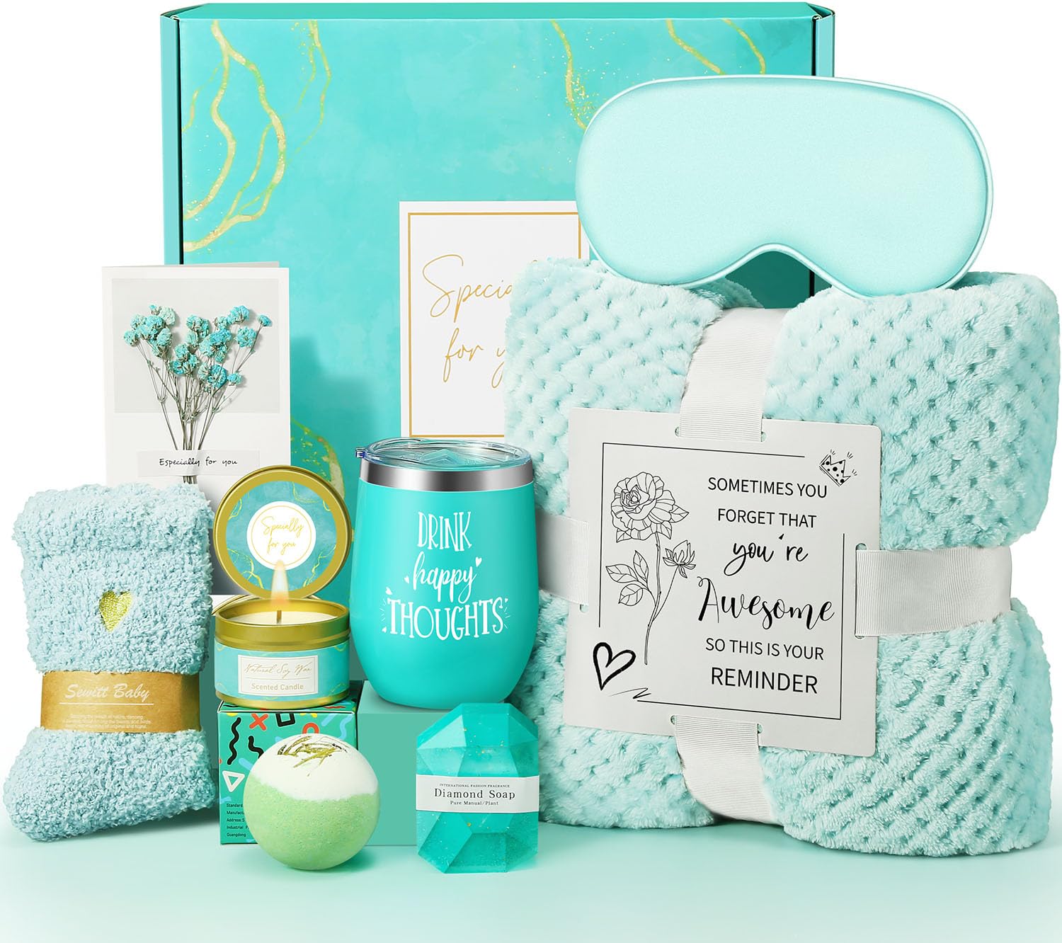 Birthday Gifts for Women, Self Care Gifts, Get Well Soon Gifts, Unique Relaxing Spa Gift Basket with Luxury Flannel Blanket, Gif