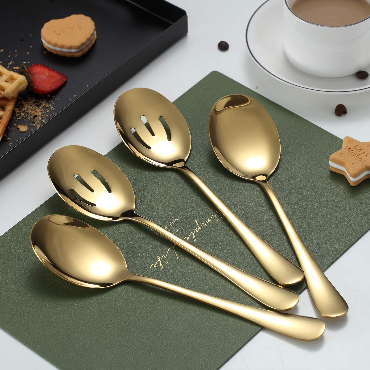 Gold Serving Spoons 4 Pieces, Kyraton Titanium Plating Serving Spoon, Include 2 Serving Spoon And 2 Slotted Spoons, Stainless St