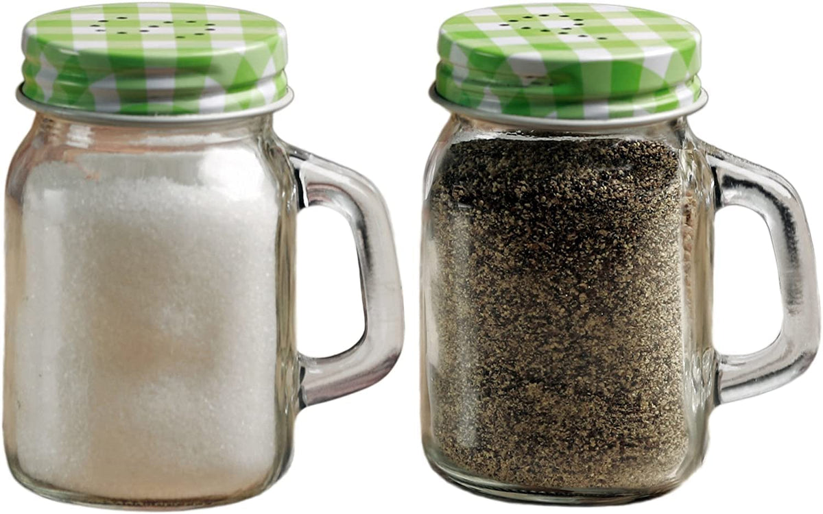 Circleware Moondance Mason Jar Salt And Pepper Shakers With Green And White Gingham Lids, Set Of 2, 5Oz, Clear