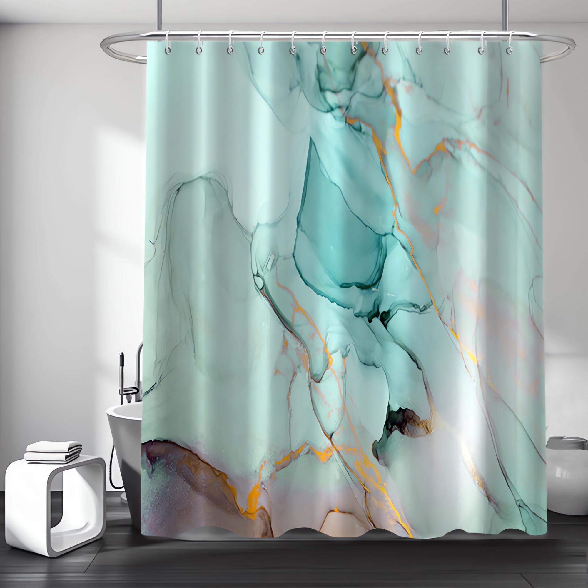 Ruelvth Green Shower Curtain, Modern Teal Marble Shower Curtain For Bathroom Aesthetic Ink Texture Waterproof Fabric Shower Curt