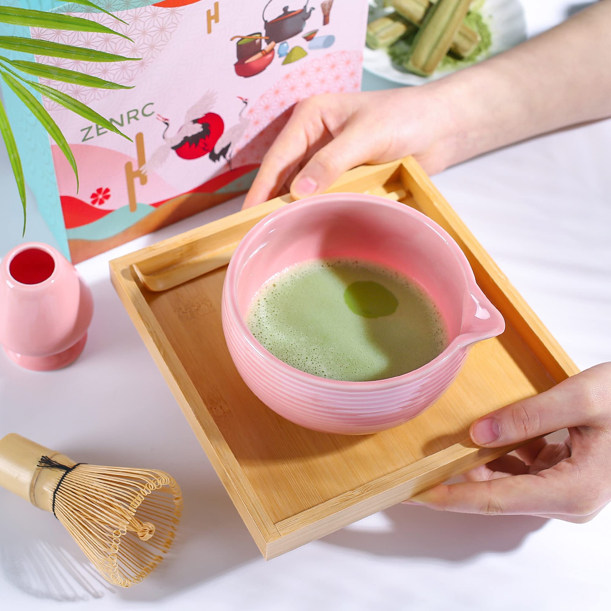 Zenrc Ceremony Matcha Kit - Traditional Bamboo Matcha Whisk (Chasen) Scoop Chawan Bowl With Pouring Spout Whisk Holder Sifter Tr