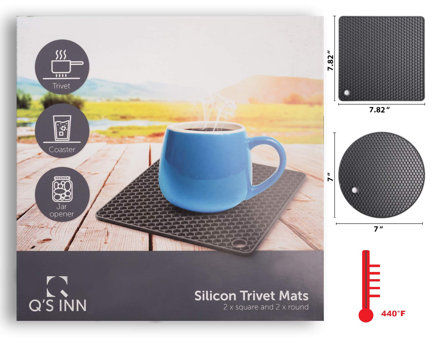 Q'S Inn Silicone Pot Holders And Trivet Mats Heat Resistant To 440F To Protect Your Table And Countertop Contains 4 Pieces 2 Rou