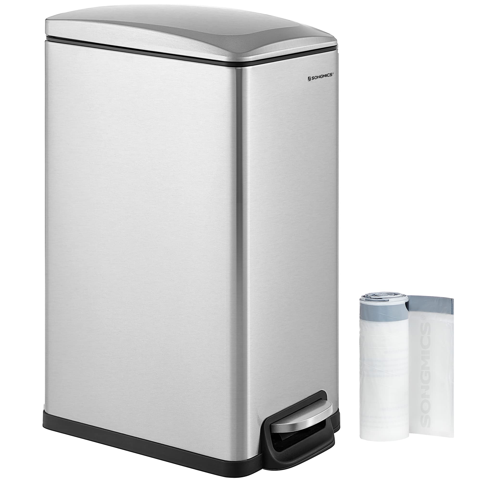 SONGMICS Slim Trash Can, 12.7-Gallon (48 L) Garbage Can for Narrow Spaces with Soft-Close Lid, Inner Bucket, and Step-on Pedal, 