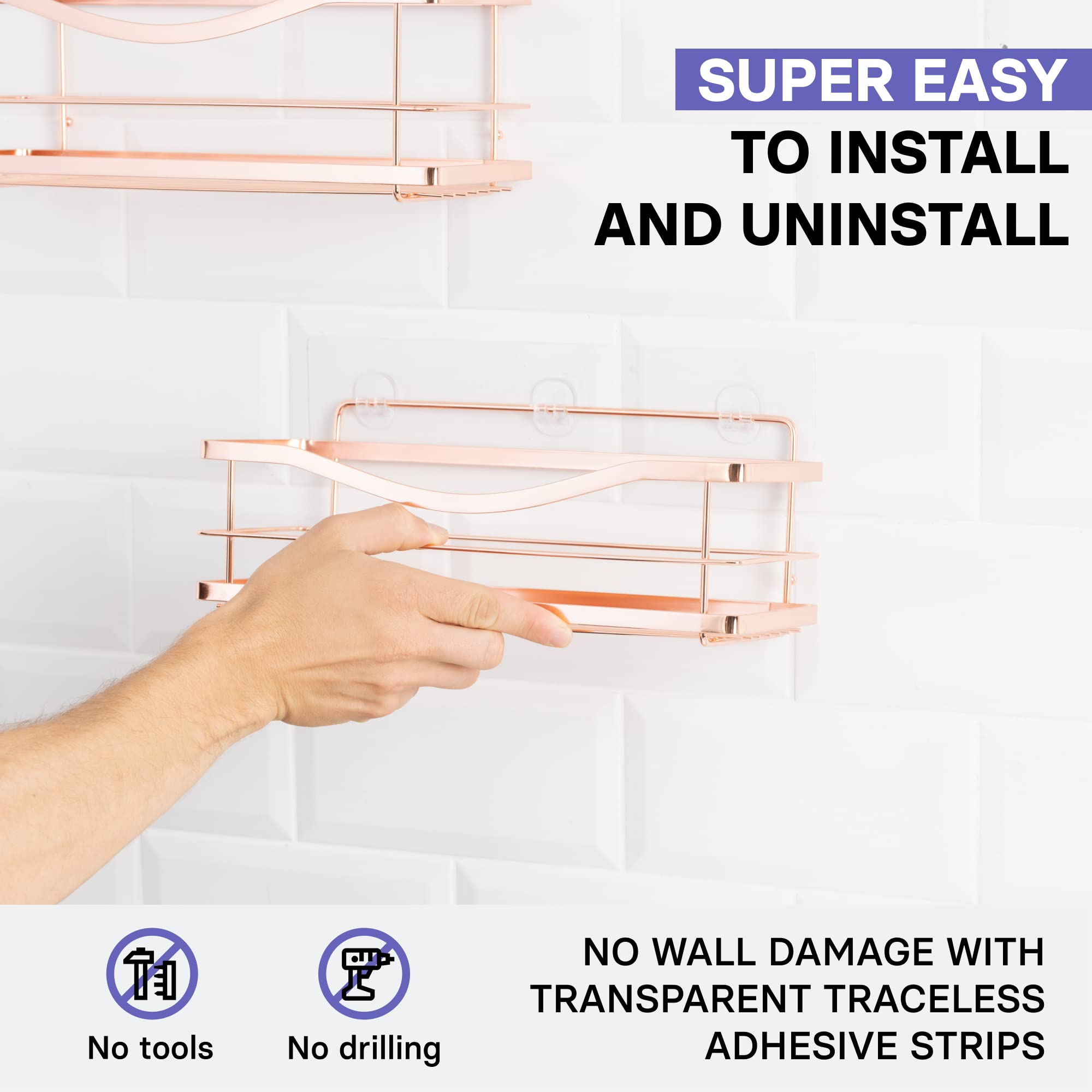 Kincmax Shower Shelves 2-Pack - Premium Self Adhesive Shower Caddy W/ 4 Hooks - No Drill Large Capacity Stainless Steel Wall She