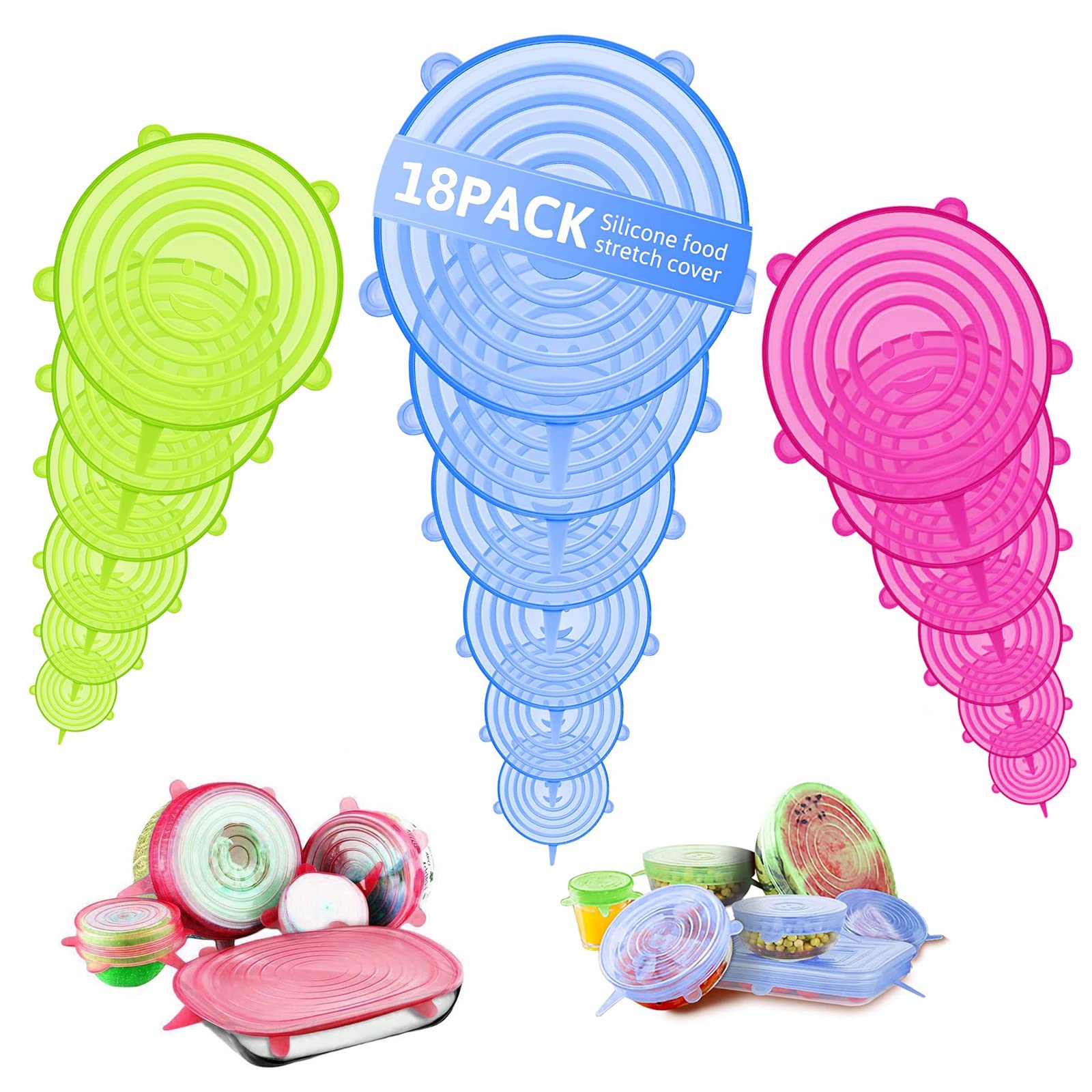 18 PACK Silicone Lids Food Covers, 6 Different Sizes Silicone Stretch Lids Safe Food Grade Silicone to Meet Most Container,Silic