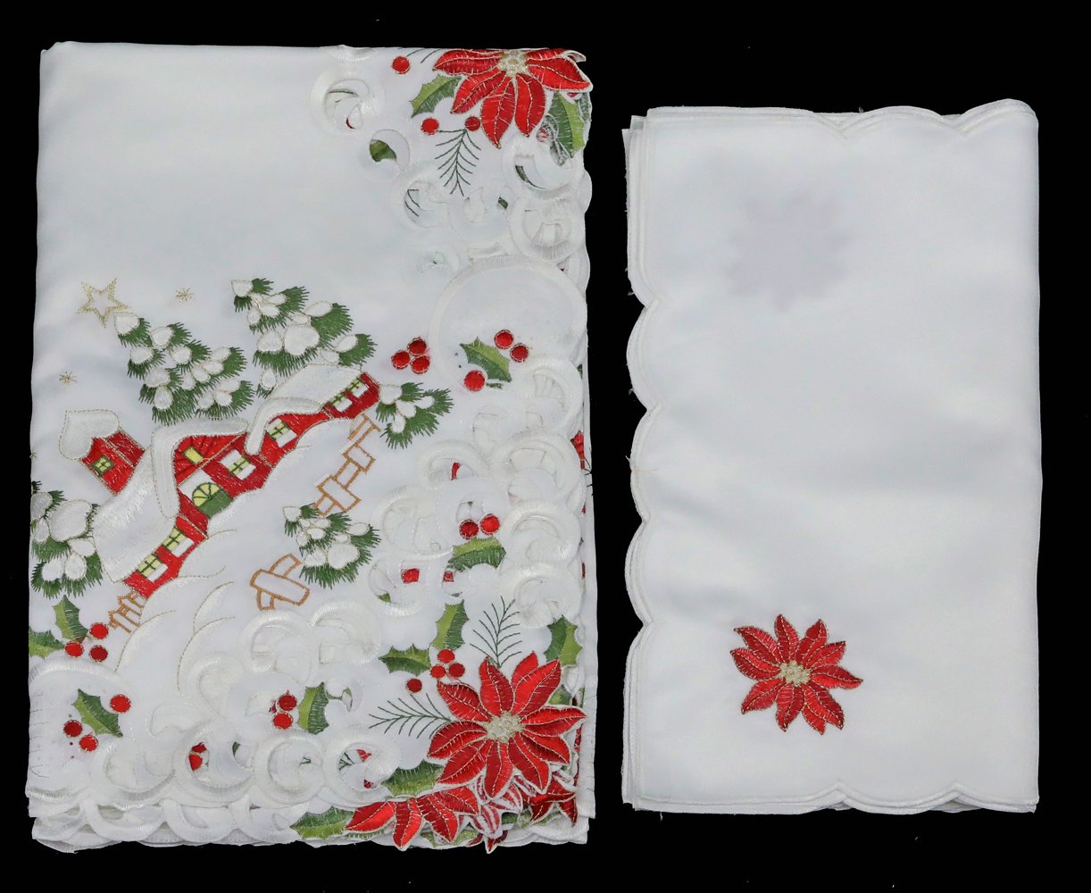 Creative Linens Holiday Christmas Tablecloth 68'' Round With 8 Napkins Embroidered Red Poinsettia Christmas Tree Snowy Cabin Tab