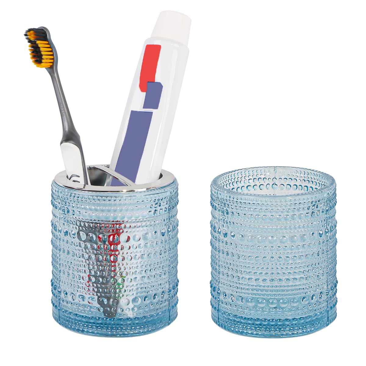 Tonxus Blue Toothbrush Holders for Bathrooms, Glass Toothbrush Holder with 2 Slot Divider, 10oz Bathroom Tumbler and Mouthwash C