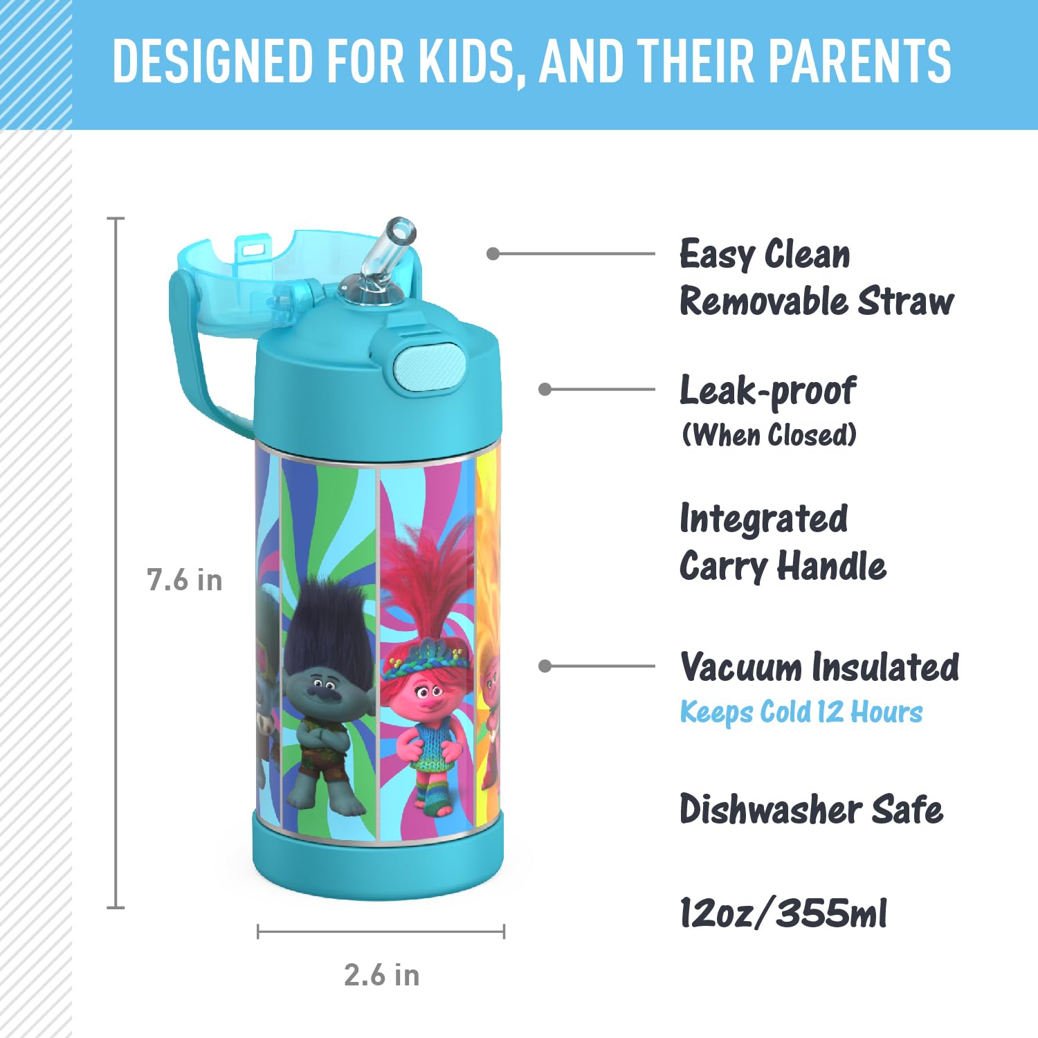 Thermos Funtainer Water Bottle With Straw - 12 Ounce, Trolls 3 - Kids Stainless Steel Vacuum Insulated Water Bottle With Lid