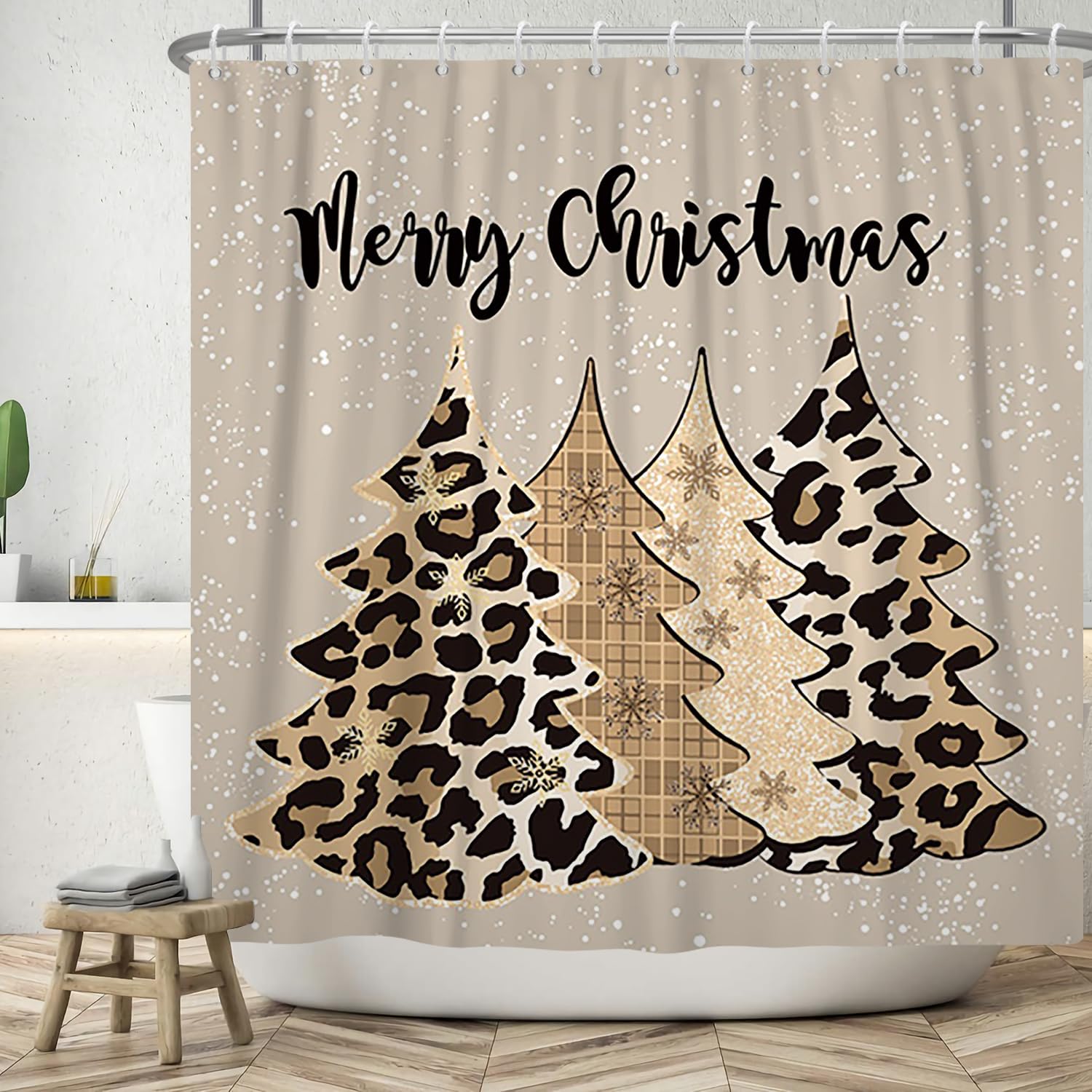 Leowefowa Leopard Christmas Tree Shower Curtain Winter Pine Tree Snowflake Shower Curtain For Holiday Farmhouse Bathtub Bathroom