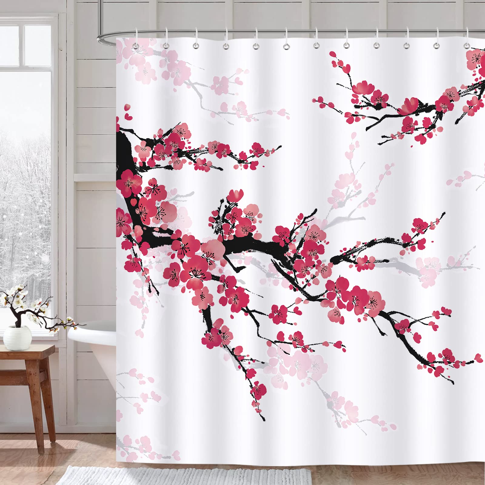 Bonhause Cherry Blossom Shower Curtain Red Plum Floral Japanese Decorative Bath Curtain 72 x 72 Inch Polyester Fabric Waterproof Bathroom Curtain with 12 Hooks